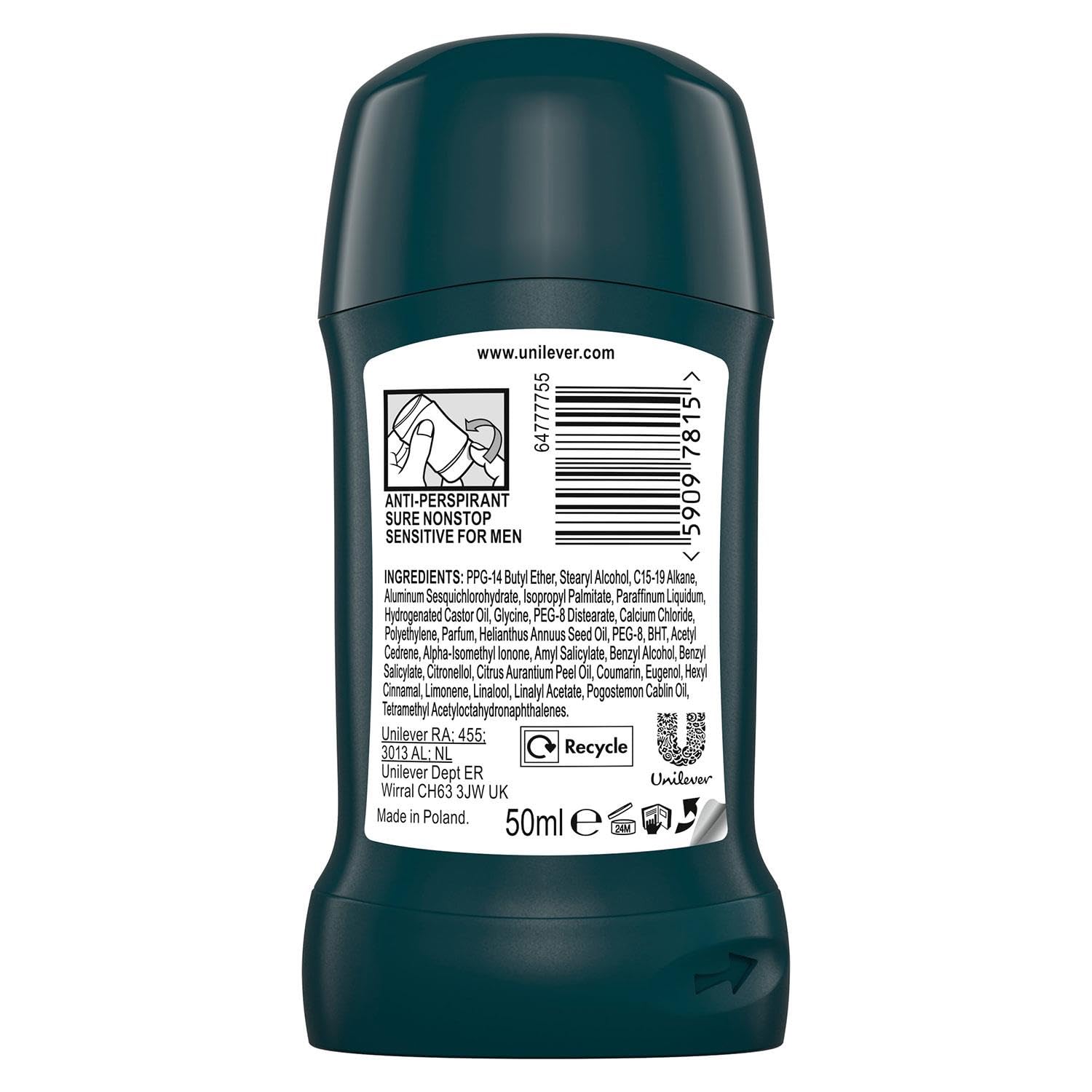 Sure Antiperspirant Deodorant Stick Sensitive 72H Nonstop Sweat and Odour Protection Roll On with Citrusy, Spicy and Woody Scent Deodorant for Men, 50ml Pack of 6