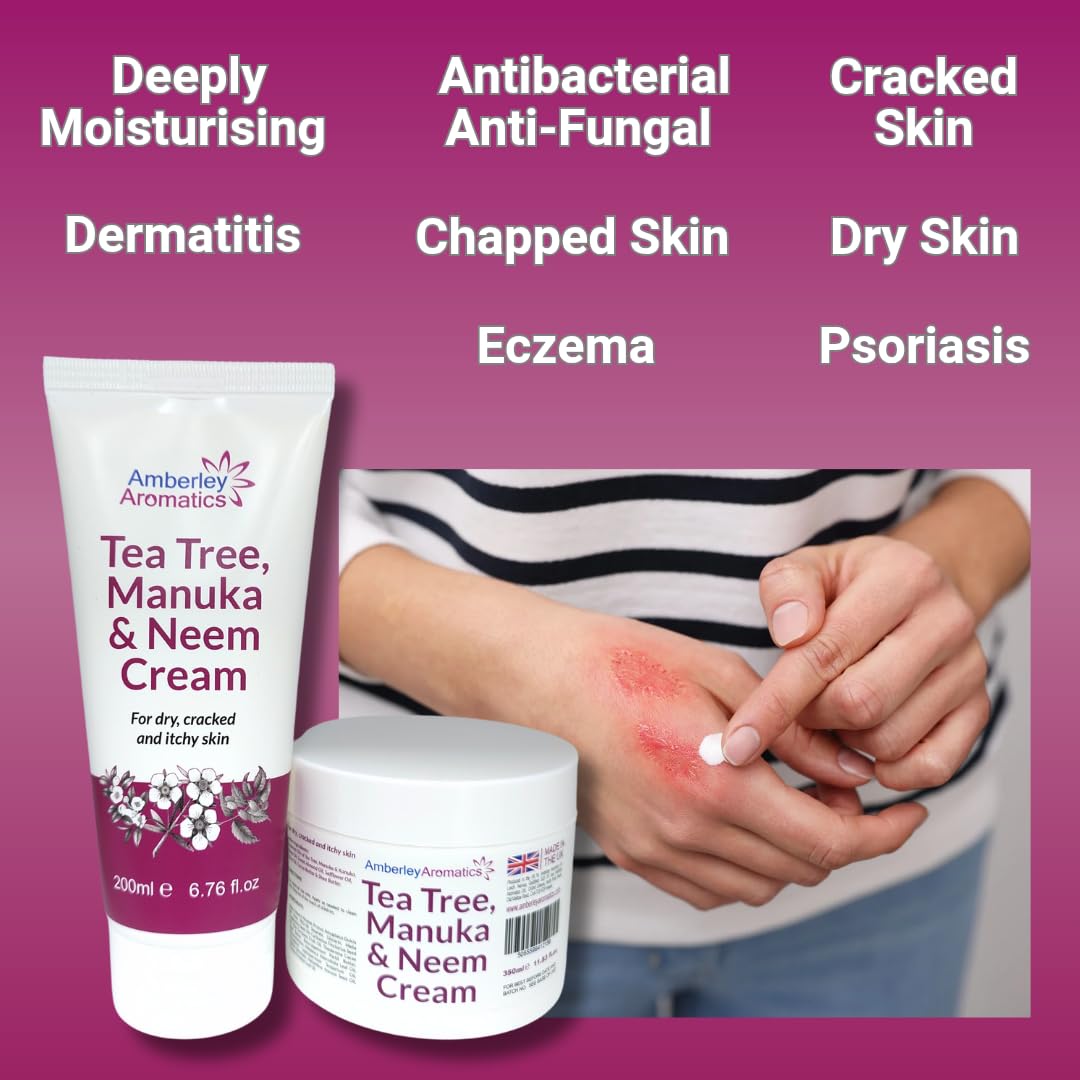 Tea Tree, Manuka & Neem Cream 350ml - Antibacterial, Anti-fungal, Antiseptic, Anti-Itch, Dry, Chapped & Cracked Skin, Eczema, Psoriasis, Jock Itch, Fungal infections. Fast Effective Relief