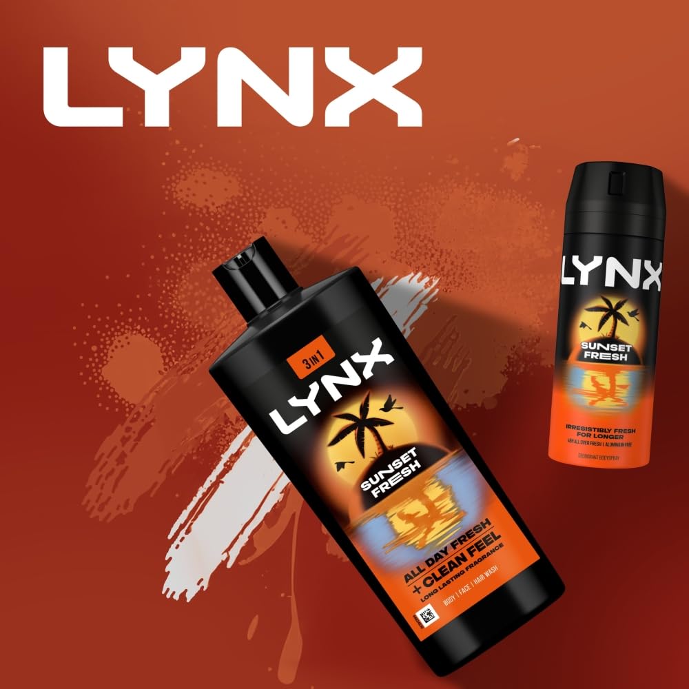 Lynx XXL Body Wash Multipack Sunset Fresh 3-in-1 Men's Shower Gel for Hair, Face & Body 12H Sweat and Odour Protection Energising Mango and Mandarin Scent 700ml, 3 Pack