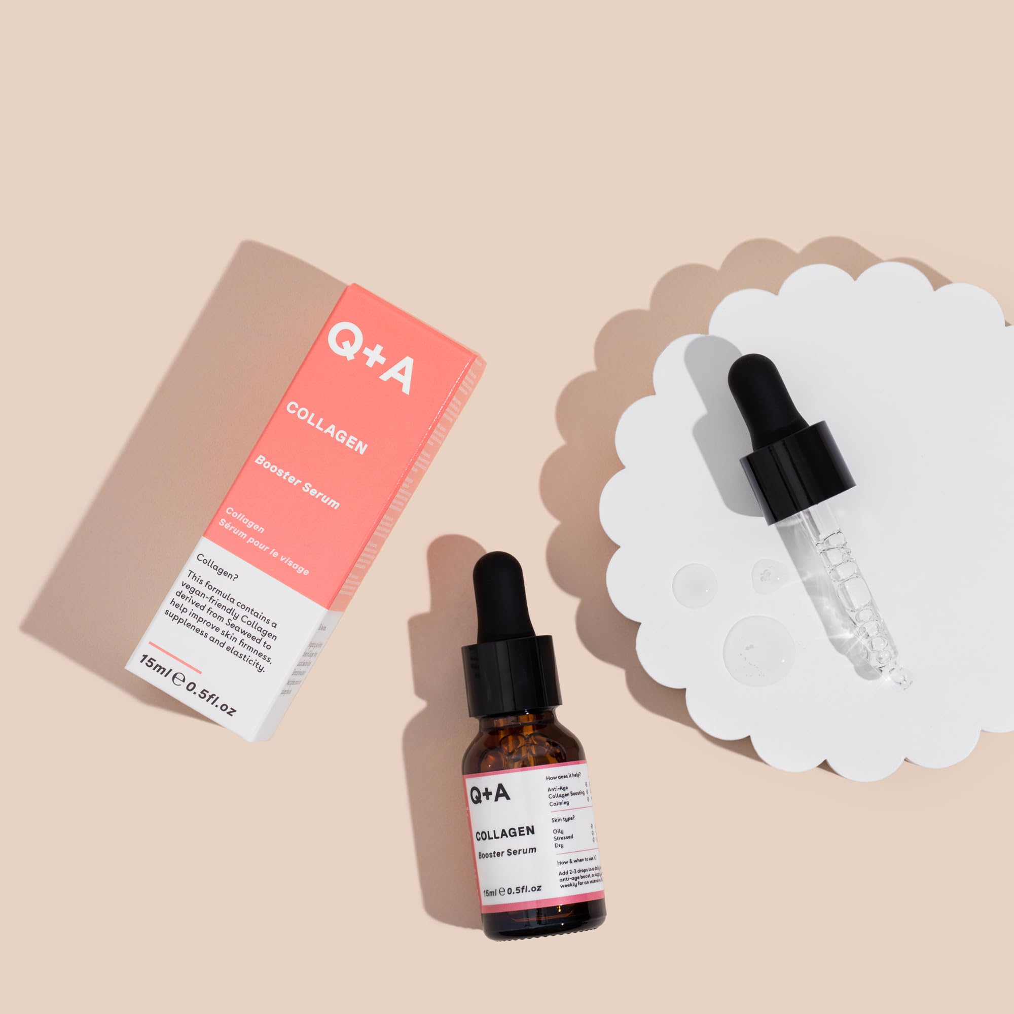 Q+A Collagen Booster Serum, a vegan-friendly serum containing a blend of vegetable Collagen, Honey Locust Seed and Algae Extracts that help tighten, smooth, and plump the skin,15ml