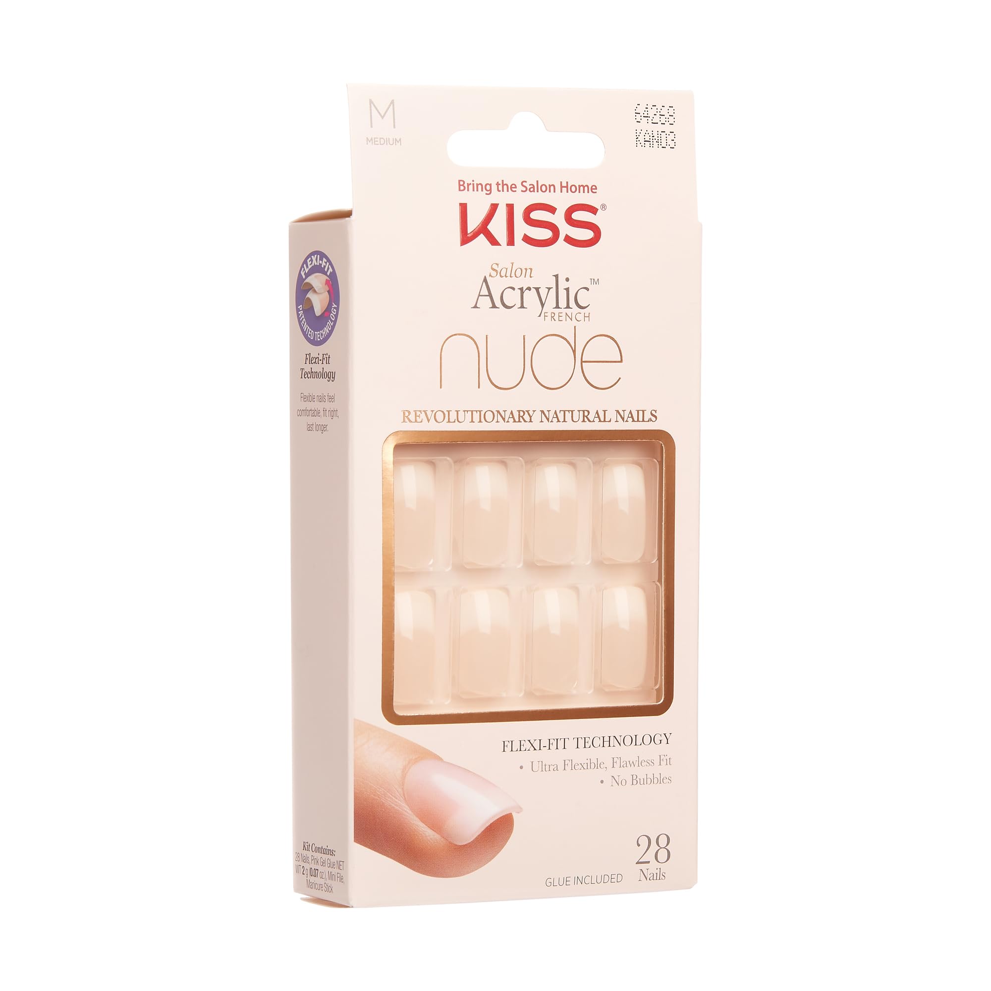 KISS Salon Acrylic Press On Nails, Nail glue included, 'Cashmere', French, Medium Size, Squoval Shape, Includes 28 Nails, 2g Glue, 1 Manicure Stick, 1 Mini file