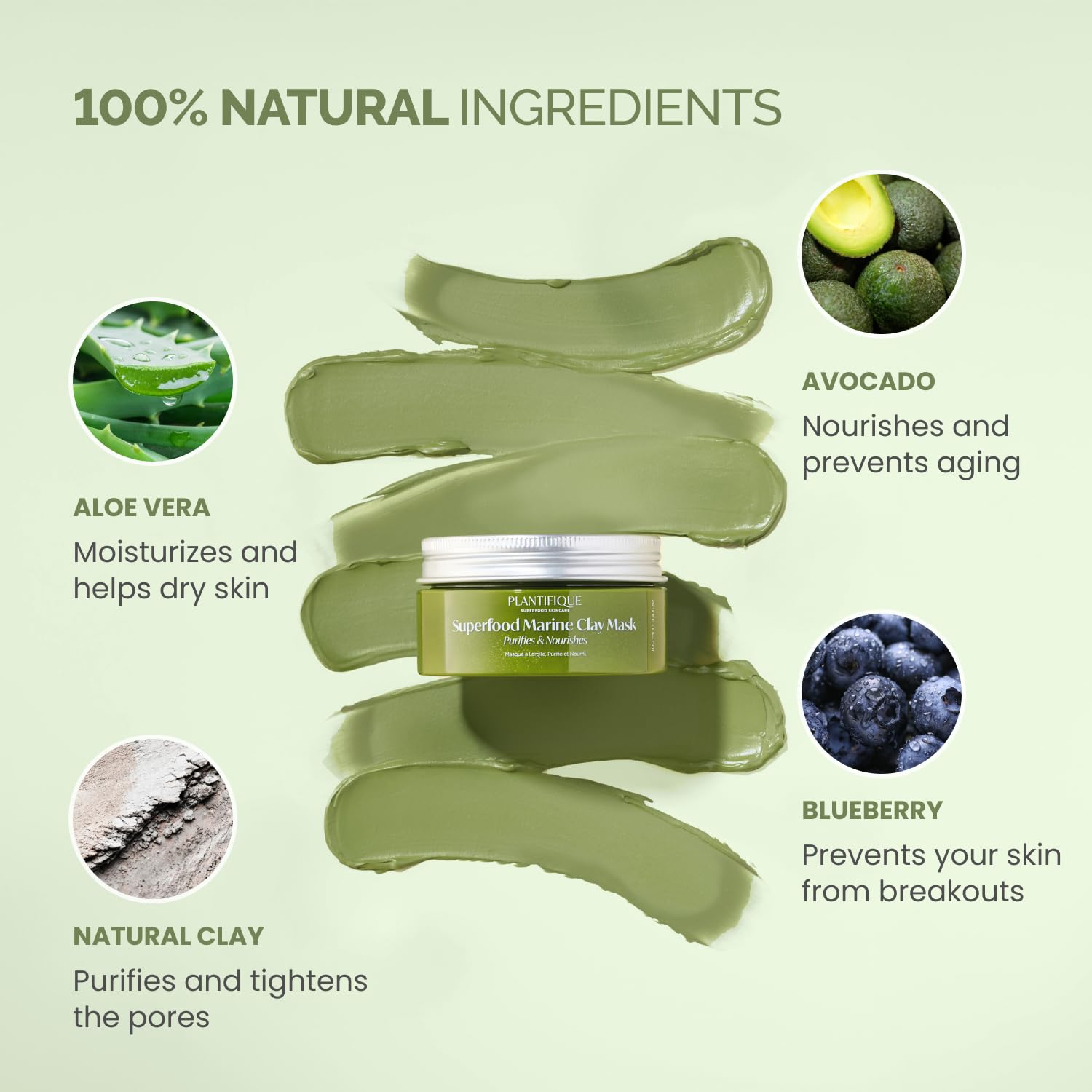 Plantifique Korean Skincare Face Mask – Organic Clay Mask with Avocado & Green Tea, Vegan & Dermatologically Tested Mud Mask for Face & Body – 100g/3.4 Oz