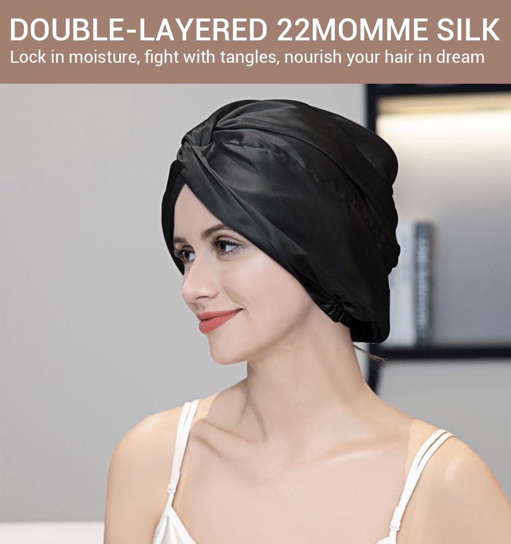 LaCourse 100% Genuine 22Momme Silk Bonnet for Sleeping, Double-Layered Mulberry Silk Hair Wrap with Premium Elastic Stay on Head. (One Size, Black)
