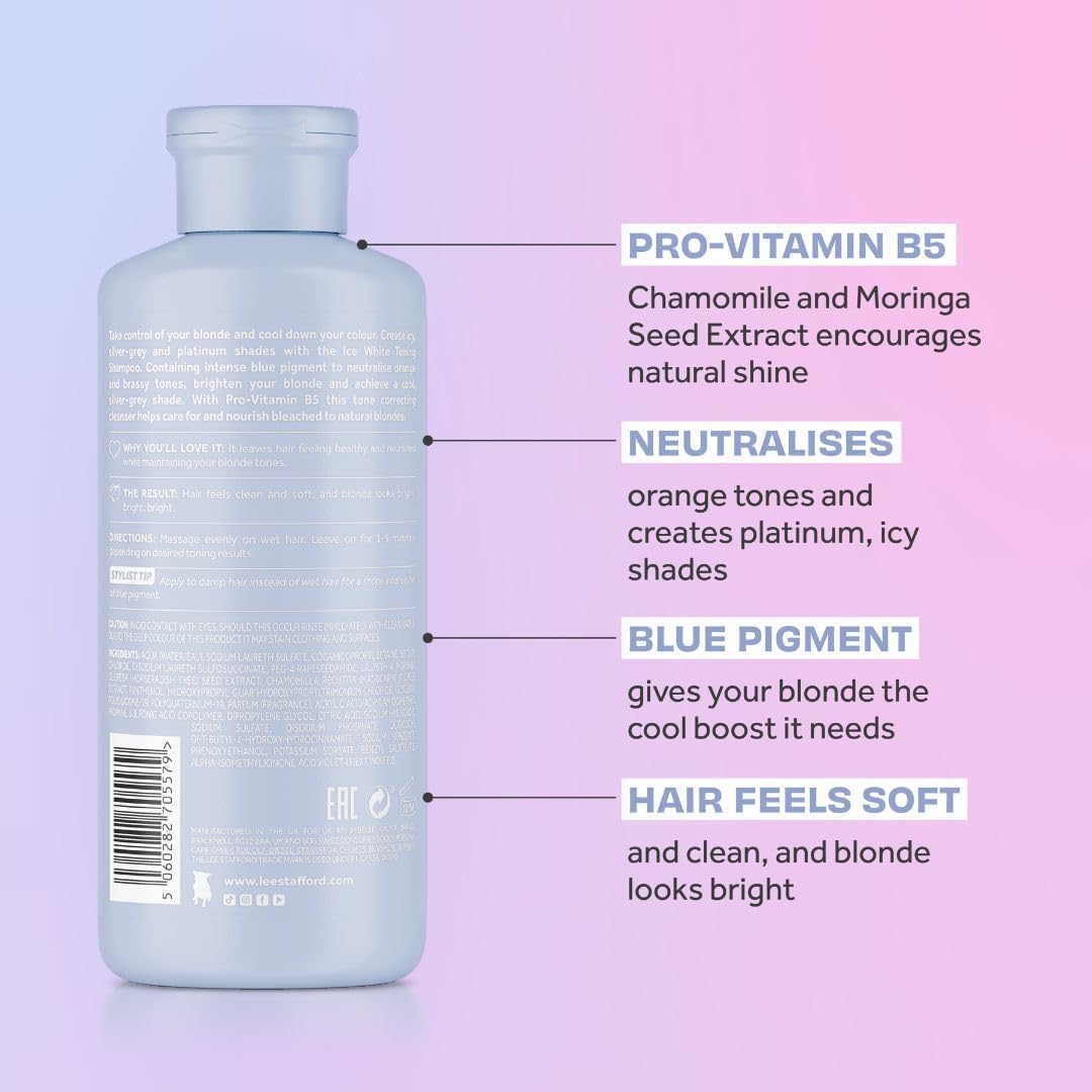 Lee Stafford Blue Toning Shampoo | Bleach Blonde Ice White - Corrects Brassy & Yellow Orange Tones to Silver Platinum, Great for HIghlighted, Bleached, & Naturally Dark Hair, No Purple, 250 ml