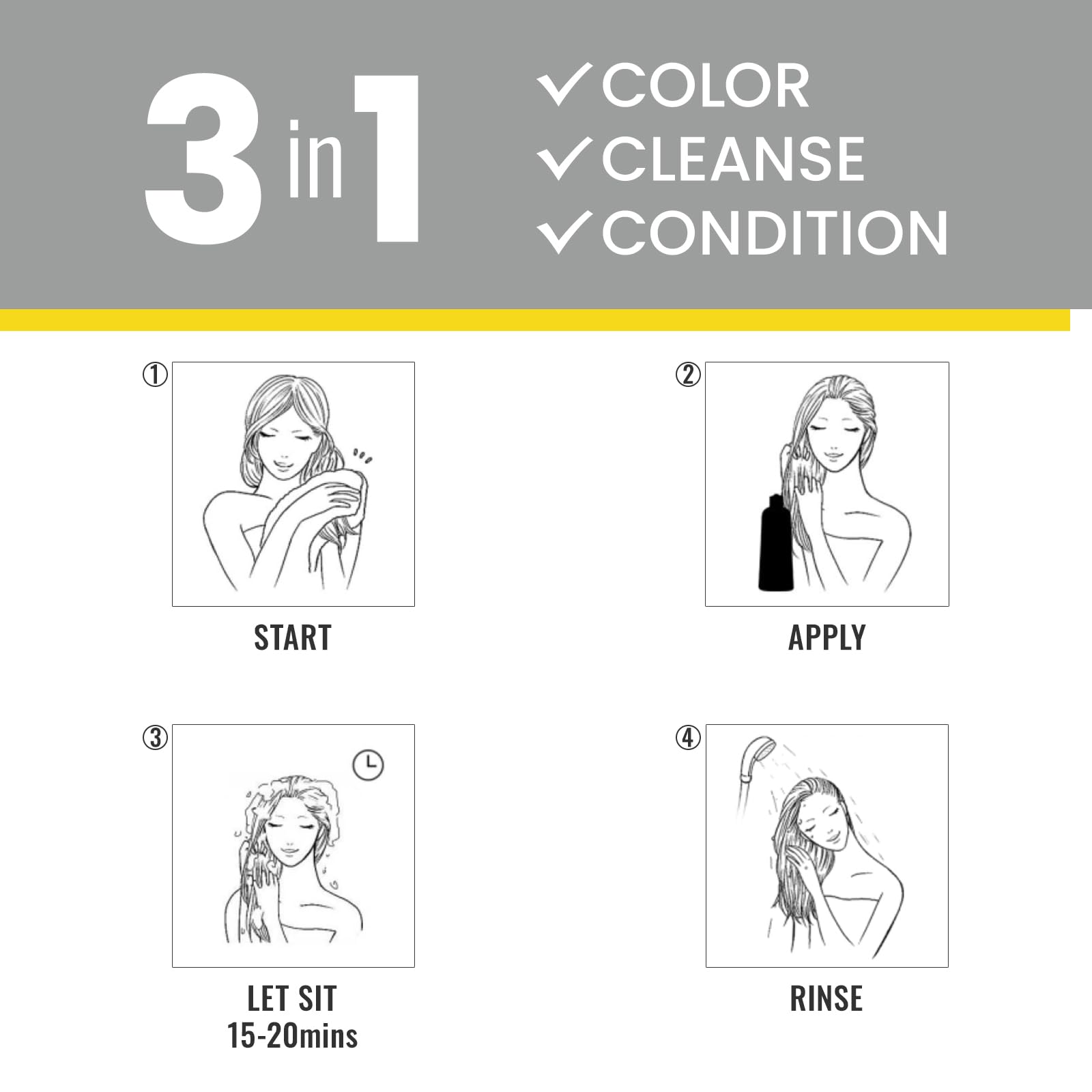 Black Hair Dye Shampoo 3 in 1 for Gray Hair, Hair Colour Shampoo for Women Men Grey Coverage (500 ml)