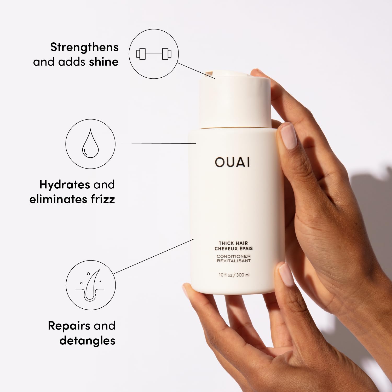 OUAI Thick Shampoo + Conditioner Set - Fight Frizz and Nourish Dry, Thick Hair with Keratin, Marshmallow Root, Shea Butter & Avocado Oil - Free of Parabens, Sulfates & Phthalates - 300 ml Each