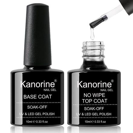Kanorine™ No Wipe Top Coat and Base Coat Set Gel Nail Polish Soak-Off UV/LED Gel Nail Lacquer Shine Finish and Long Lasting,- 2 x 10ml