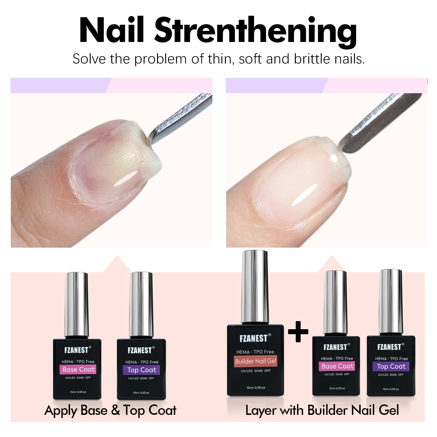 FZANEST Builder Nail Gel With Top and Base Coat HEMA Free, 15ml * 3pcs Gel Polish Kit for Nail Thickening Apex Extension Soak Off No Wipe Top Finish Base LED Lamp Cured