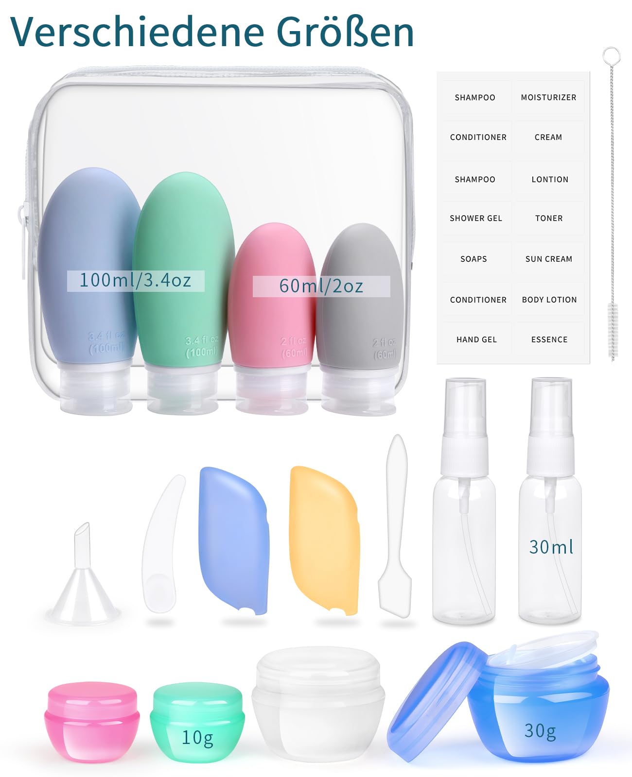 Opret 18 Pcs Travel Bottles Set for Toiletries, Silicone Travel Containers 100ml/60ml TSA Approved Leak Proof Refillable BPA Free Travel Accessories for Shampoos, Conditioner and Lotion