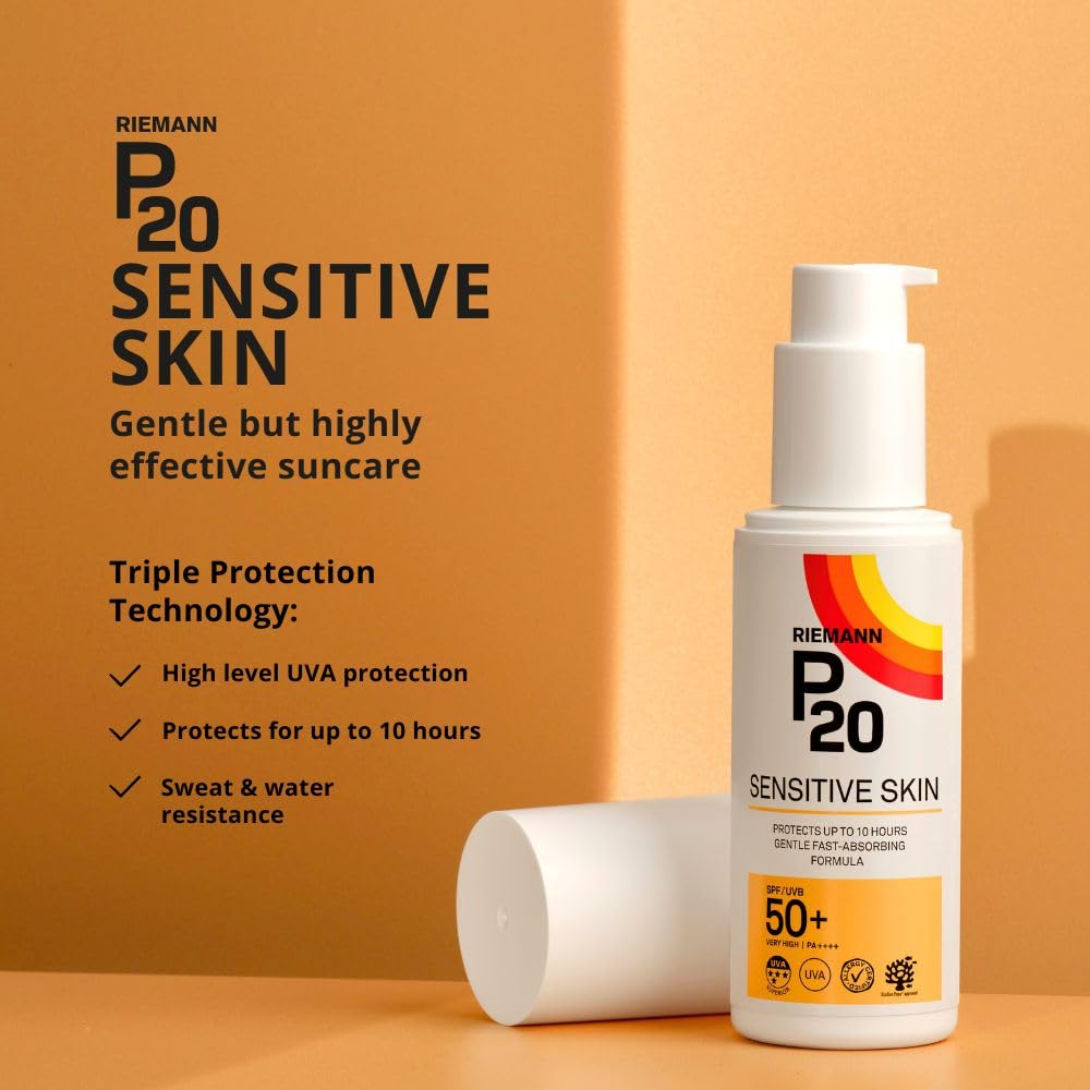 RIEMANN P20 SPF50 Sensitive Sun Cream 200ml, High Level UVA Protection for up to 10 Hours, Allergy Certification, Water Resistant, Durable & Long Lasting, Sweat Resistant