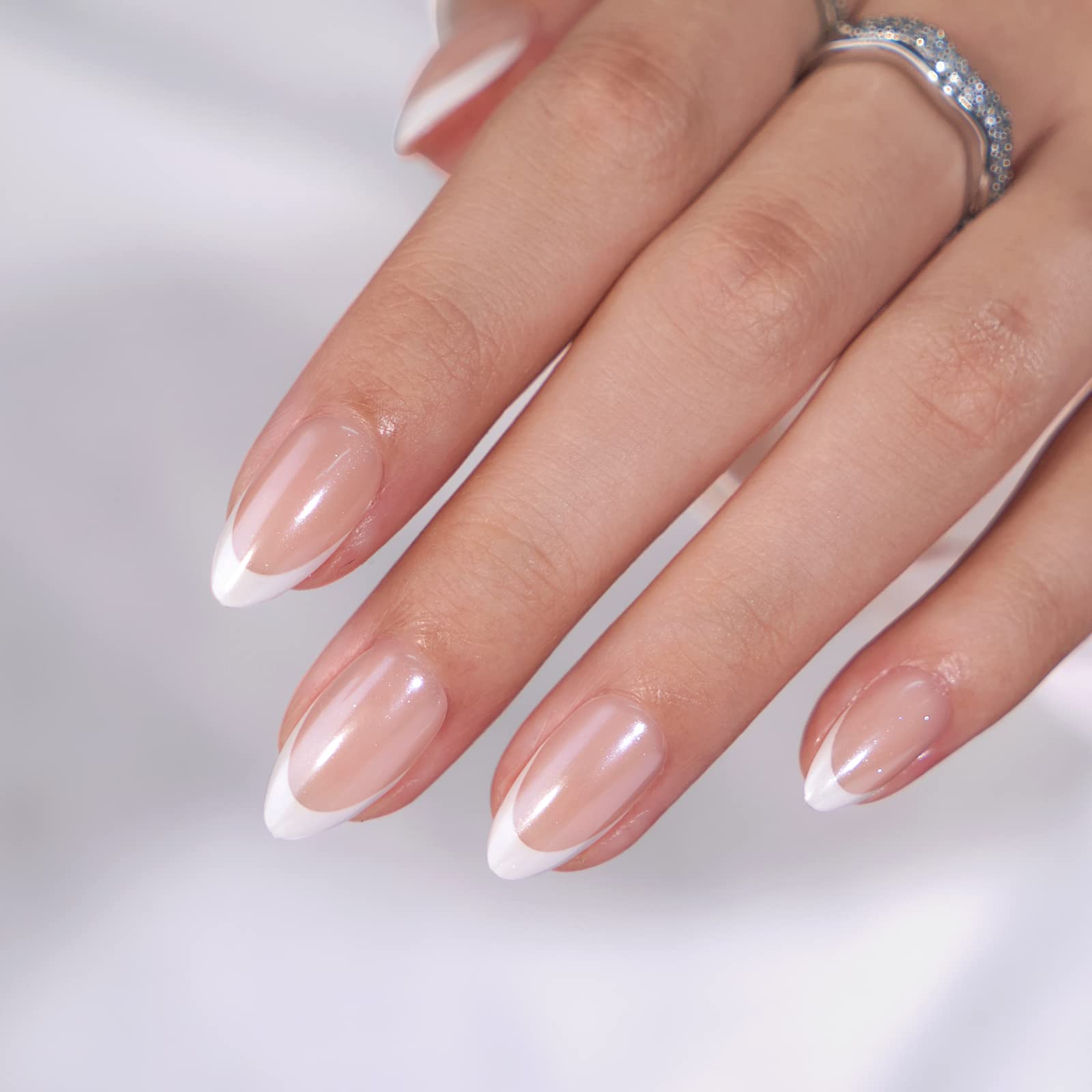 BTArtbox Press On False Nails Short - White French Tip Press On Nails Almond, 30 Pcs Soft Gel Fake Nail in 15 Sizes, Reusable Semi-Transparent Stick on Nails for Women, Classic