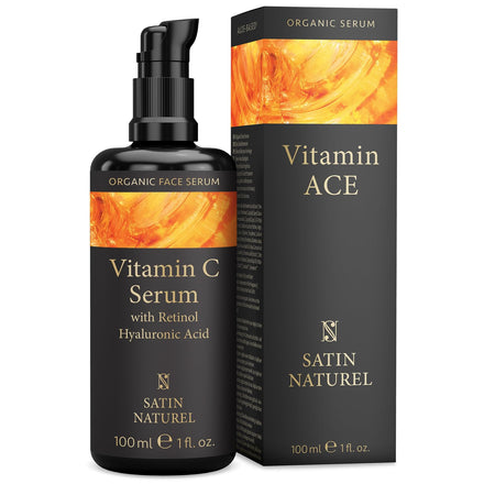 Satin Naturel Vitamin C Serum for Face + Retinol + Hyaluronic Acid + Vitamin E 100ml - Anti Aging Face Serum for Women for Dark Spots, Smoothing Fine Lines and Wrinkles Skin Brightening
