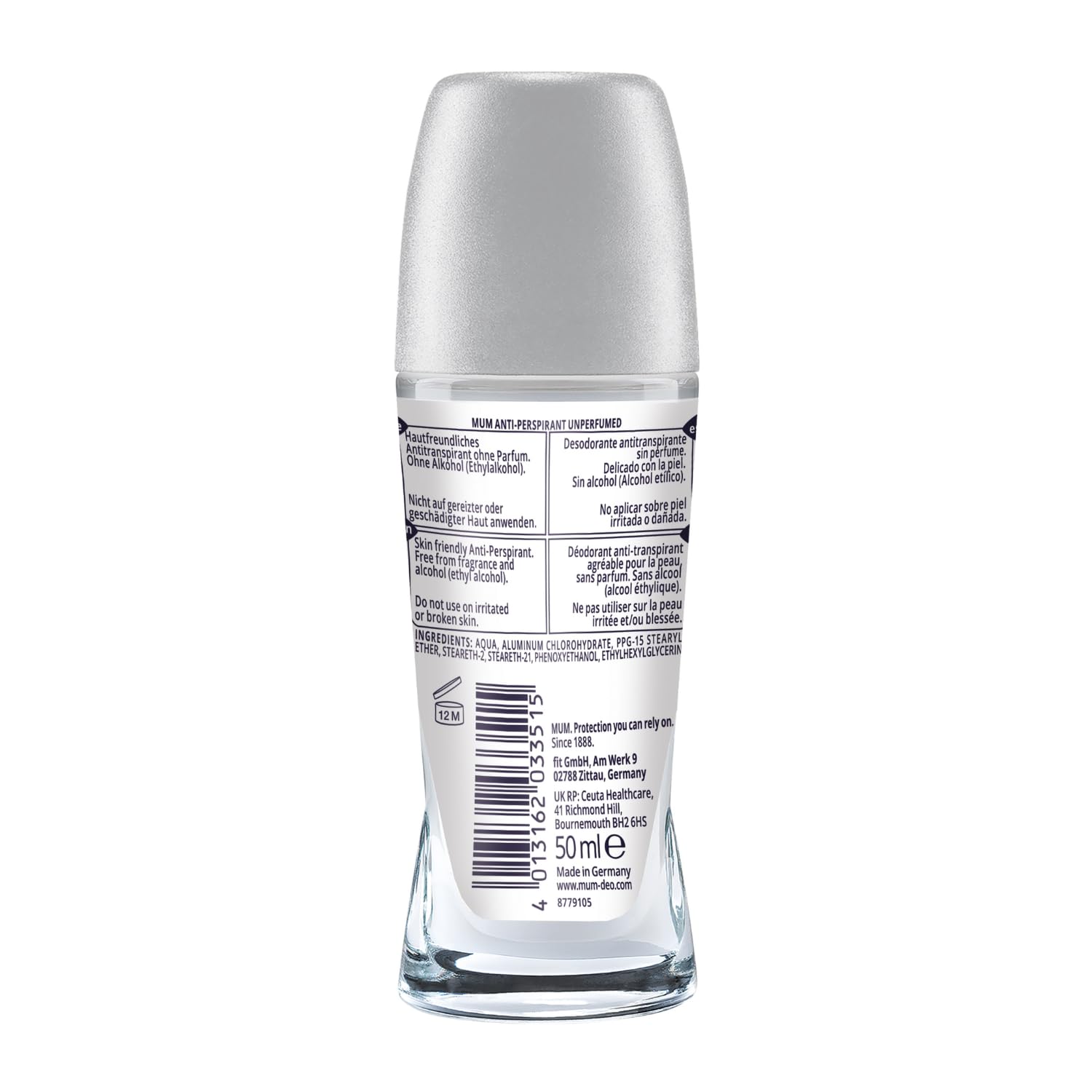 Mum Unperfumed Roll On Deodorant, 48 Hours Plus Protection, Alcohol Free Womens Mens Deodorant, Anti-Perspirant, Vegan, Sustainable Glass Bottle, Fragrance Free, 50 ml, Pack of 6