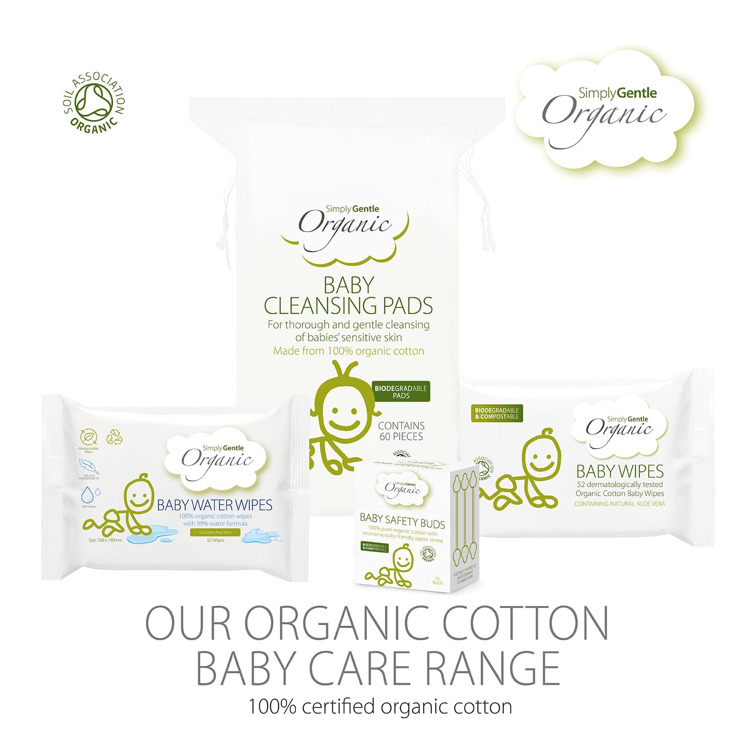 Simply Gentle Baby Cleansing Pads - Perfect for Sensitive Skin - Pure Cotton Pads for Newborn Baby - Free from Odours or Irritants - Rectangular Shaped Disposable Cotton Pads - 3 Packs of 60 Pads