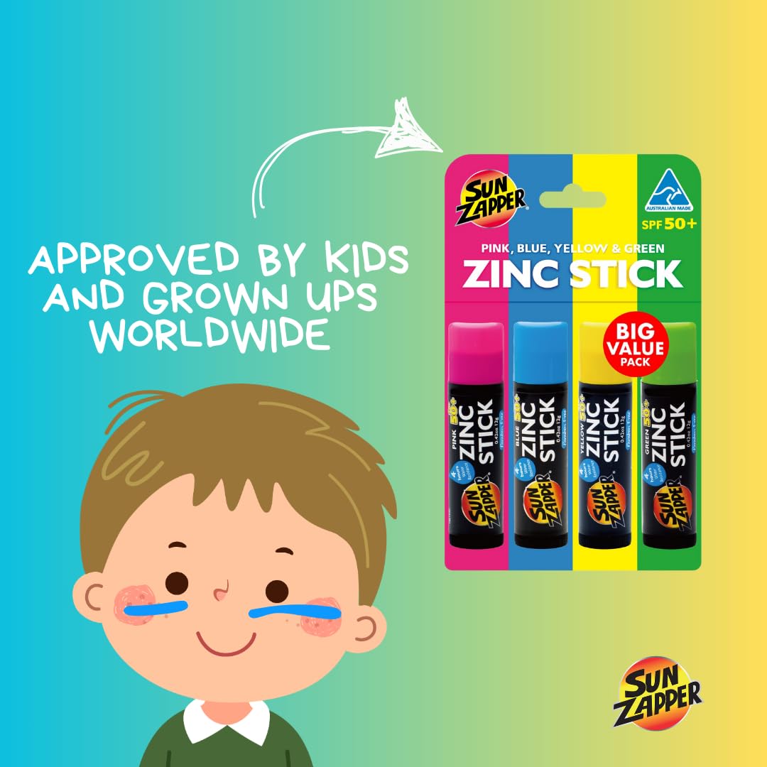 Sun Zapper Zinc Stick - Pink, Blue, Green, Yellow Face Sunblock Rainbow 4-Pack SPF50+ Coloured Zinc Sunscreen Sticks Made in Australia
