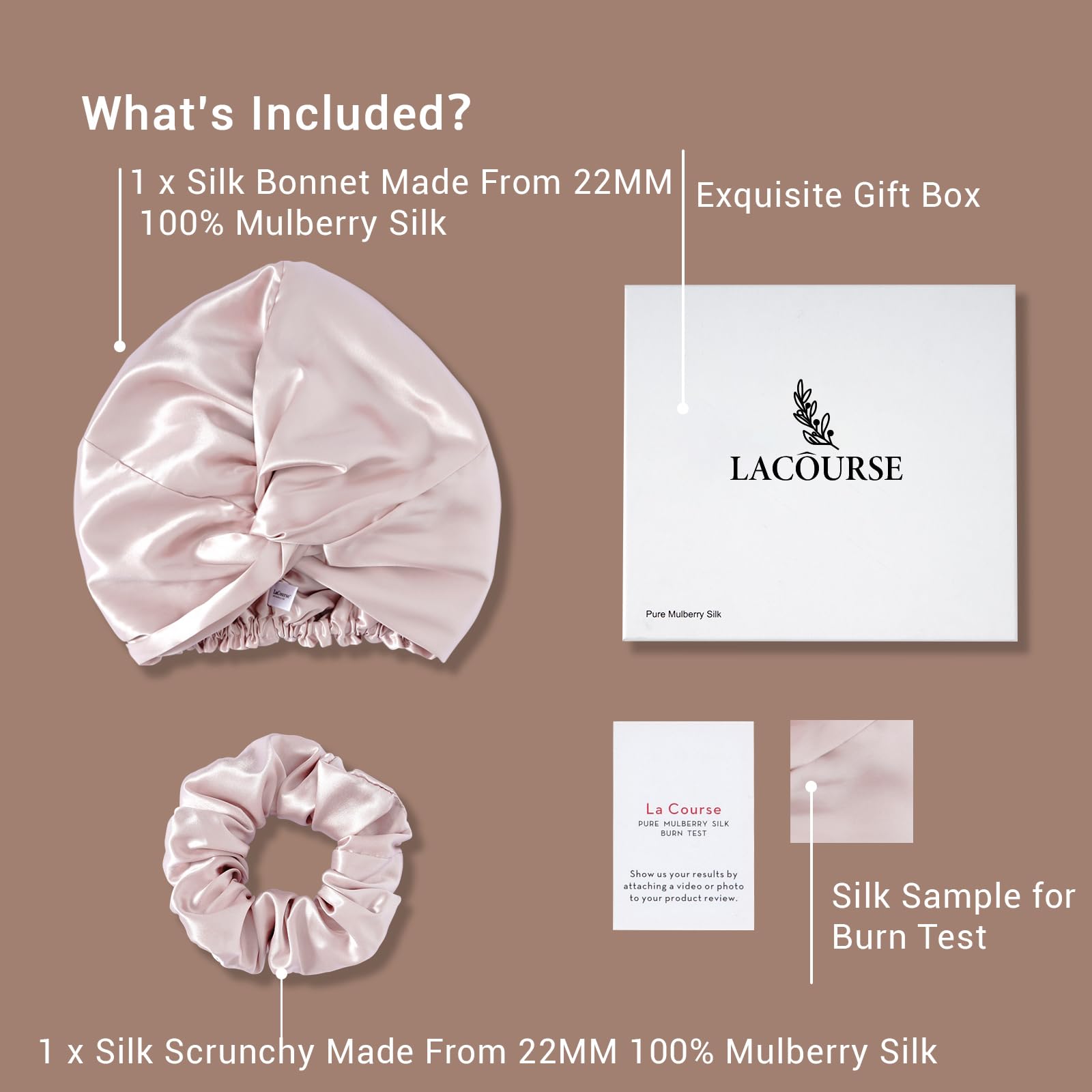 LaCourse 100% Genuine 22Momme Silk Bonnet for Sleeping, Double-Layered Mulberry Silk Hair Wrap with Premium Elastic Stay on Head. (One Size, Pink)