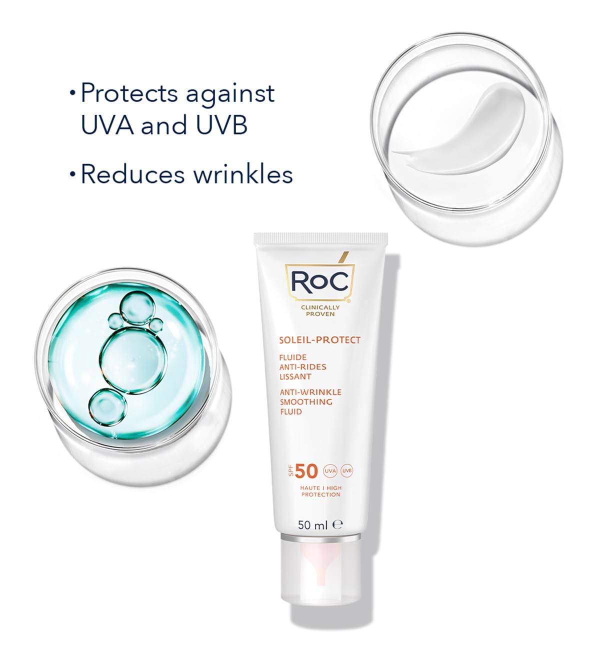 RoC Soleil-Protect Anti-Wrinkle Smoothing Fluid SPF50+ | Moisturiser with Hyaluronic Acid, Sun Cream for Face | 50 ml