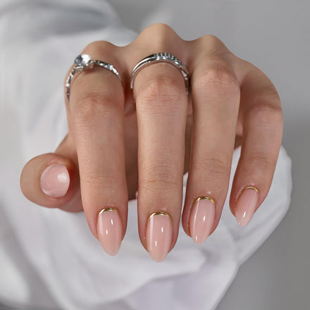 BTArtbox Press on Nails Almond - Short False Nails with Gold Foil Design, 30 Pcs Stick on Nails for Women, Supremely Fit & Glossy Fake Nail in 15 Sizes, Gold End