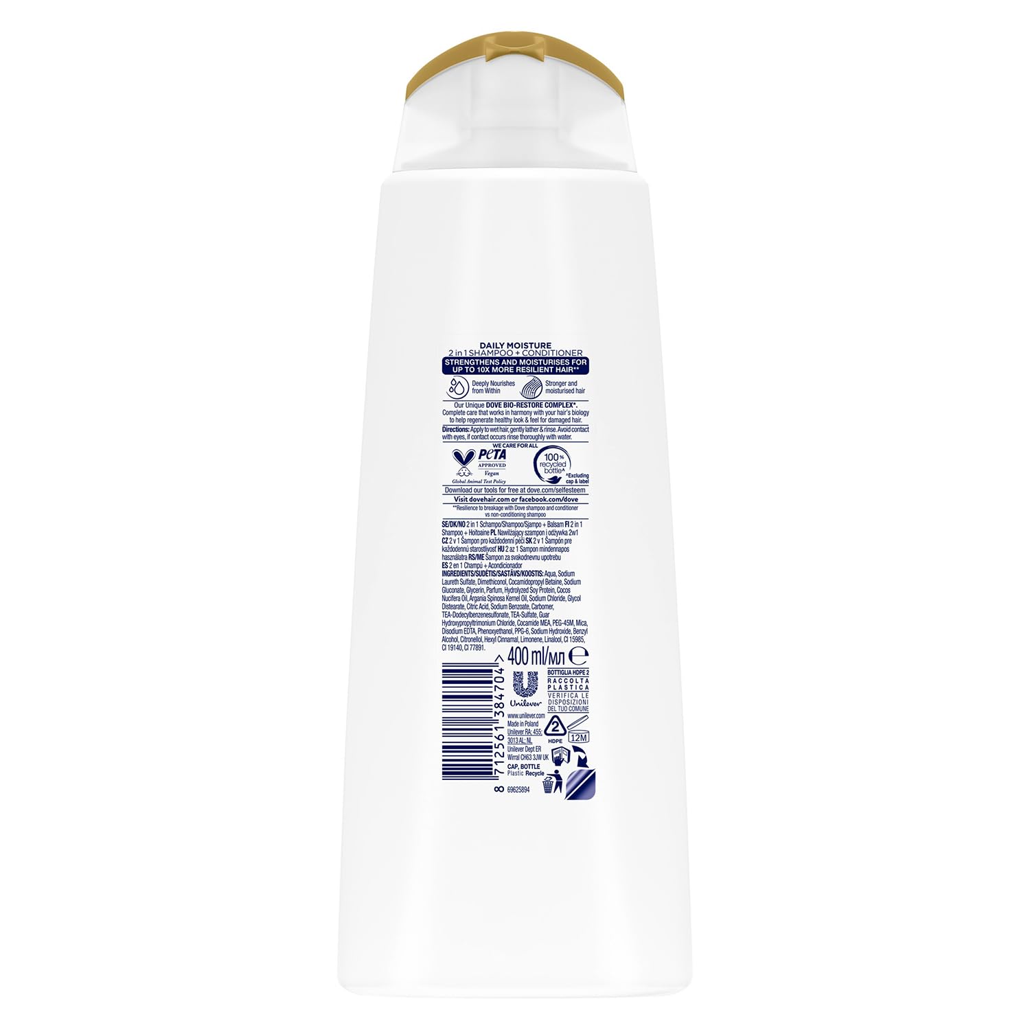 Dove Nutritive Solutions Daily Moisture 2 in 1 Shampoo + Conditioner shampoo and conditioner that leaves hair silky smooth for dry, damaged hair 6x 400 ml