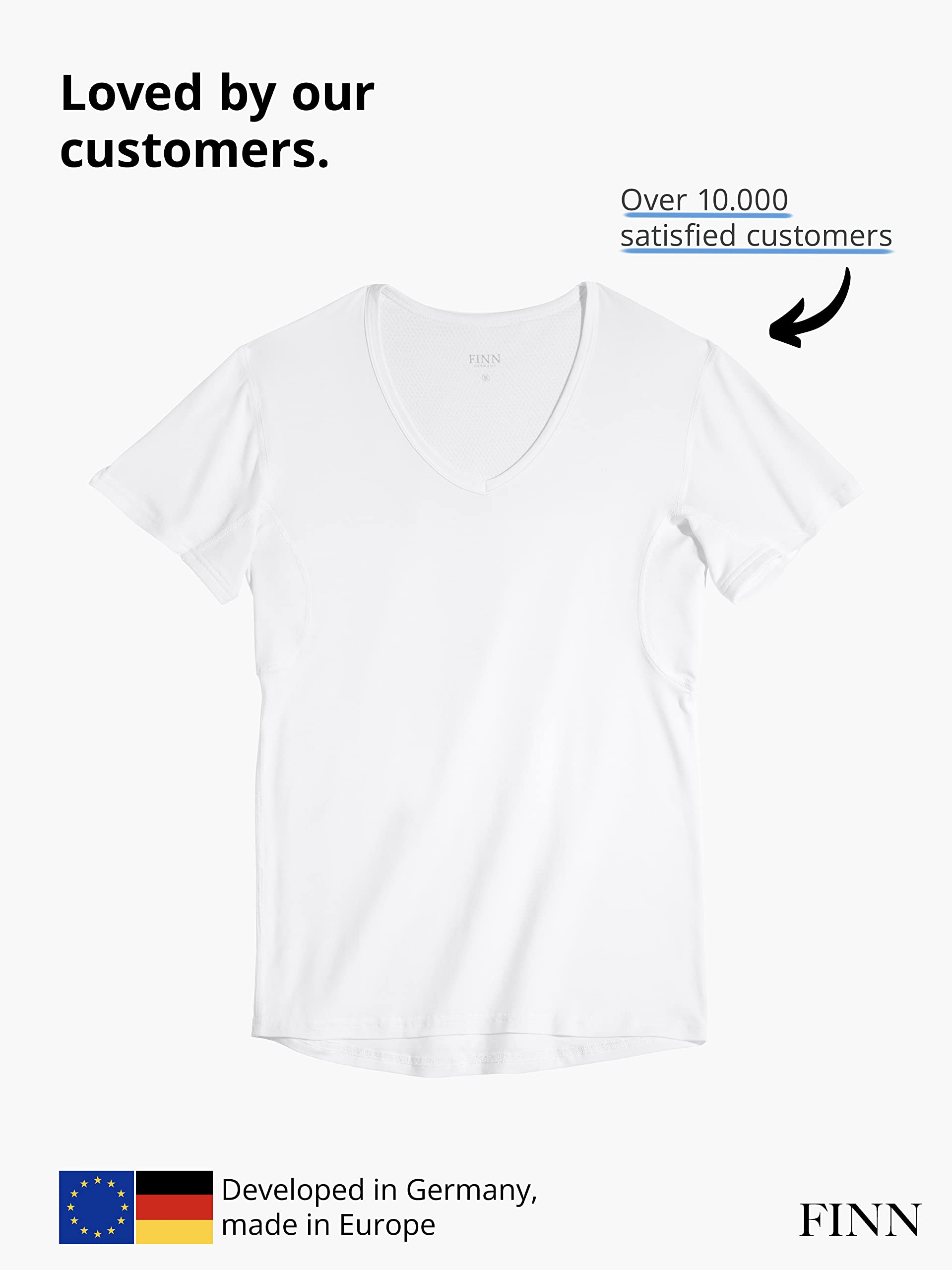 FINN Anti-Sweat Men's Shirt with V-Neck and Built-in Armpit Sweat Pads to Combat Excessive Sweating - Undershirt with Guaranteed Protection Against Sweat Stains and Odour White M