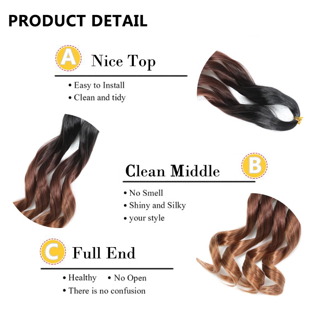 FALEMEI French Curl Braiding Hair 12 Inch 8 Packs Curly Braiding Pre Stretched Curls Braiding Extension French Curl Crochet Braids Spiral Braiding Hair Extensions (1B/33/30#, 12 Inch (Pack of 8))