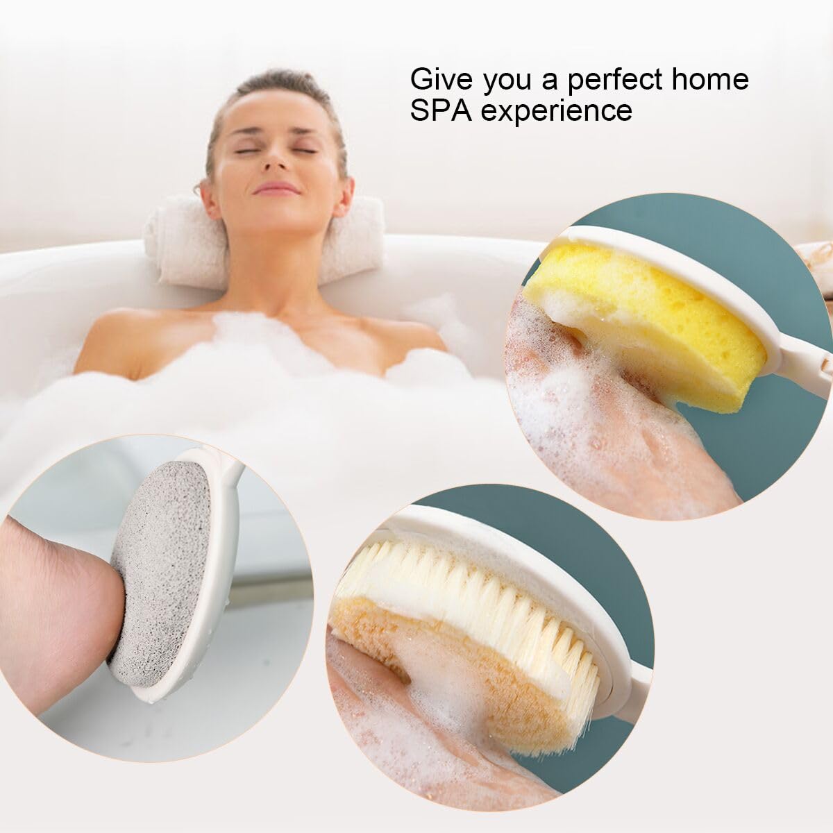 LFJ Bath Brush, 3 in 1 Foldable Long Handle Body Back Scrubber with Brush Sponge Pumice Head for Shower, Exfoliating or Dry Skin Brushing