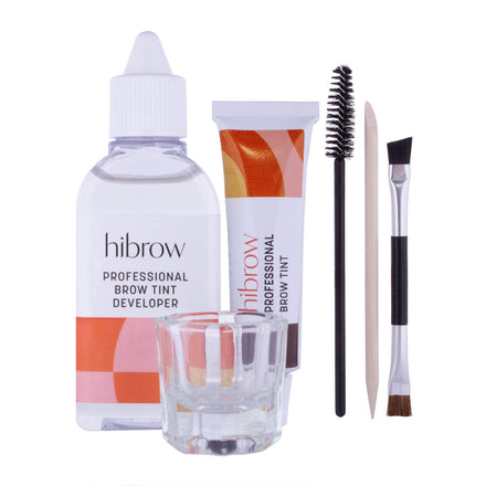Hi Brow Professional Tinting Kit - Eyebrow Dye Full Size Set - 15ml Tint, 50ml Tint Developer, Glass Mixing Dish, Dual End Brush, Mascara Wand, Orange Wood Stick (Light Brown)