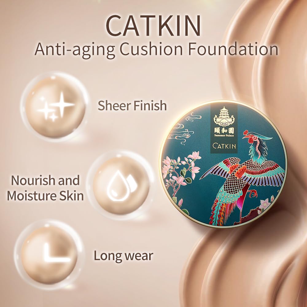 CATKIN SUMMER PALACE Foundation for Mature Skin, Full Coverage Foundation with Lightweight and Breathable Formula, Refillable Cushion, 13g*2