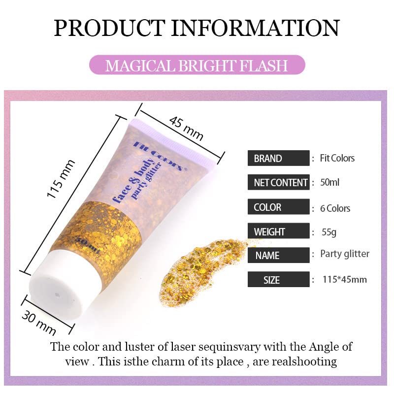 Beliky Girl Body Glitter Gel, 50ML Face Glitters Body Gel Sequins Shimmer Liquid Eyeshadow, Mermaid Sequins Liquid Holographic Glitter Gel, Chunky Glitter for Face Hair Nails Set 6Pcs