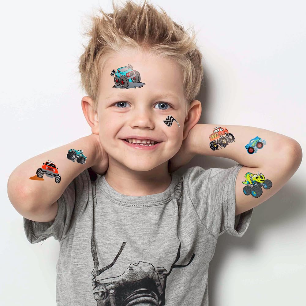 75 PCS Truck Temporary Tattoos for Kids, Groovy Metallic Styles Tattoos for Truck Wheels Birthday Party Supplies Racing Car Checkered Flag Trophy Flame Fake Tattoo Stickers for 5 6 7 8 Years Old Boys