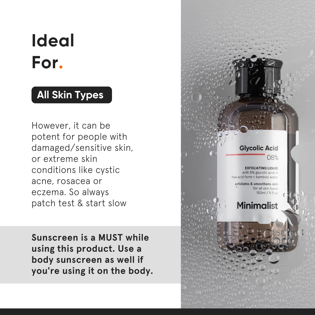 Minimalist 8% Glycolic Acid Toner for Glowing Skin | Multi-Functional Exfoliating Toner with Bamboo Water for Body, Face, Underarms & Scalp | For Women & Men | 5 Fl Oz / 150 ml