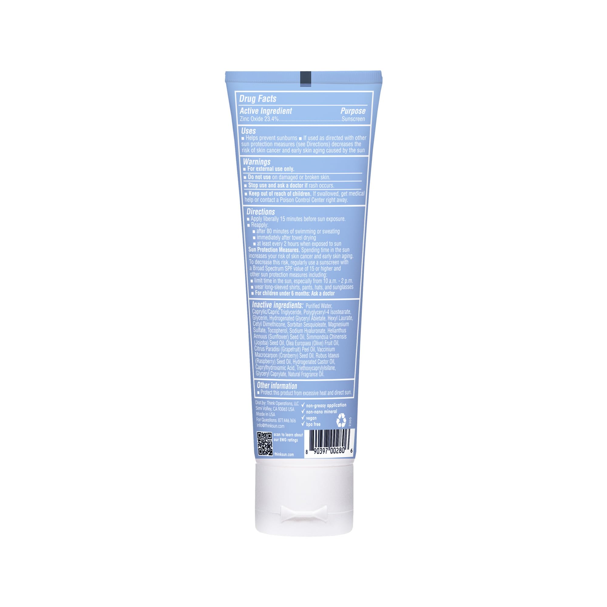 ThinkSport Sunscreen 50 SPF 89ml (3oz) - Safer Zinc Oxide Mineral Formulation - Ideal for all Sport and Outdoor Pursuits - Non-Toxic Ingredients
