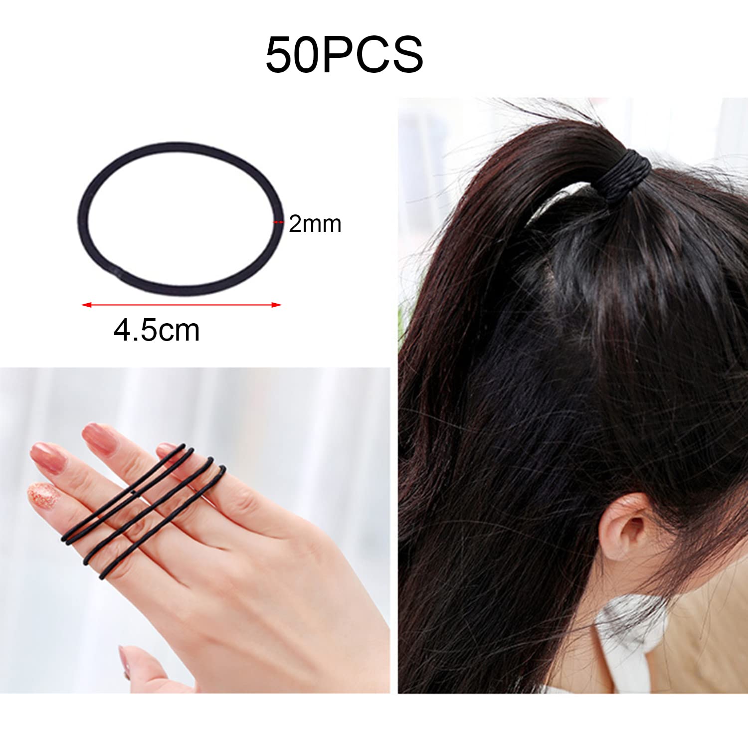 50 Pcs Ouchless Womens Elastic Hair Tie, 2mm Hair Ties for Thick and Curly Hair Ponytail Holders Hair Elastic Band for Women or Men(Black)