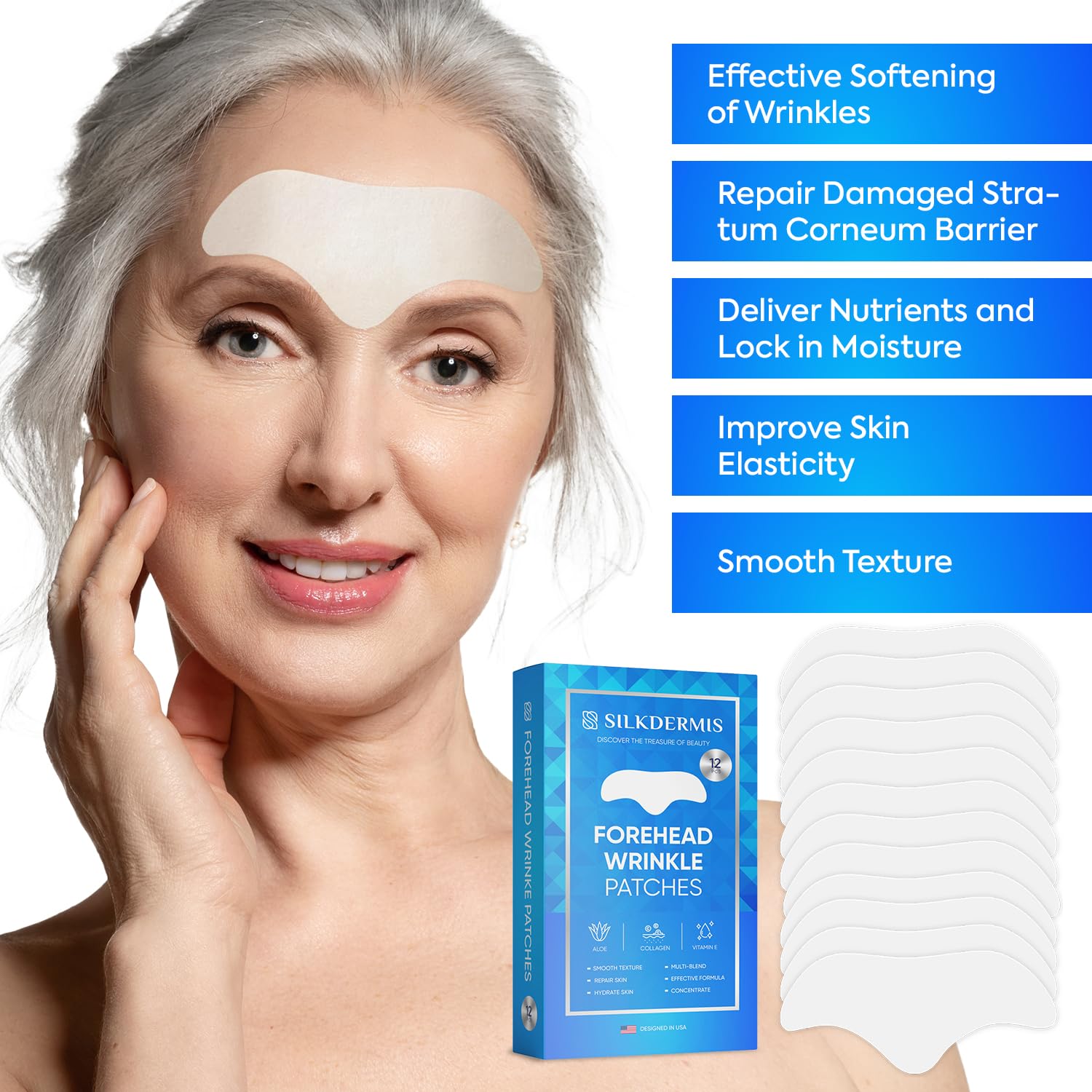 SILKDERMIS Forehead Wrinkle Patches, Moisturising Anti-Ageing Treatment, 12 Pcs