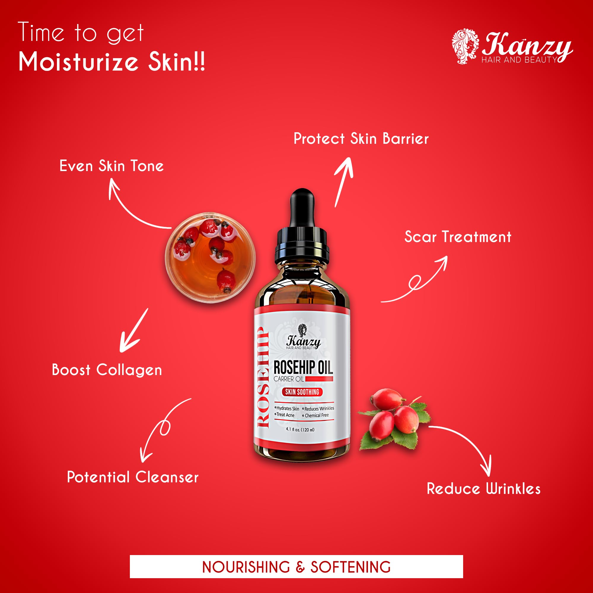 Kanzy Rosehip Oil for Face 120ml Rosehip Oil Organic Cold Pressed Rose Hip Oil for Face 100% Pure Vegan Cruelty Free for Skin, Hair, Nails, and Body for Nourishment, Dryness, Fine lines and Scars