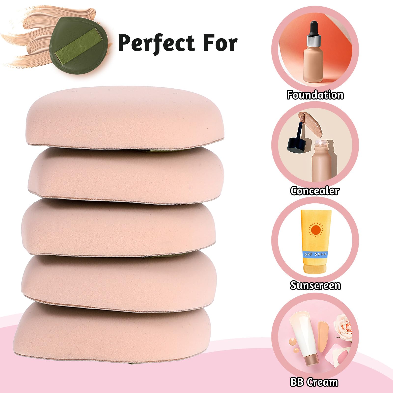 ZEYIYER 5 PCS Foundation Sponge, Powder Puff, Korean Makeup Sponge, Cushion Puff for Foundation and Powder, Fluffy Teardrop Latex Foundation Applicator for Liquid Cream Powder