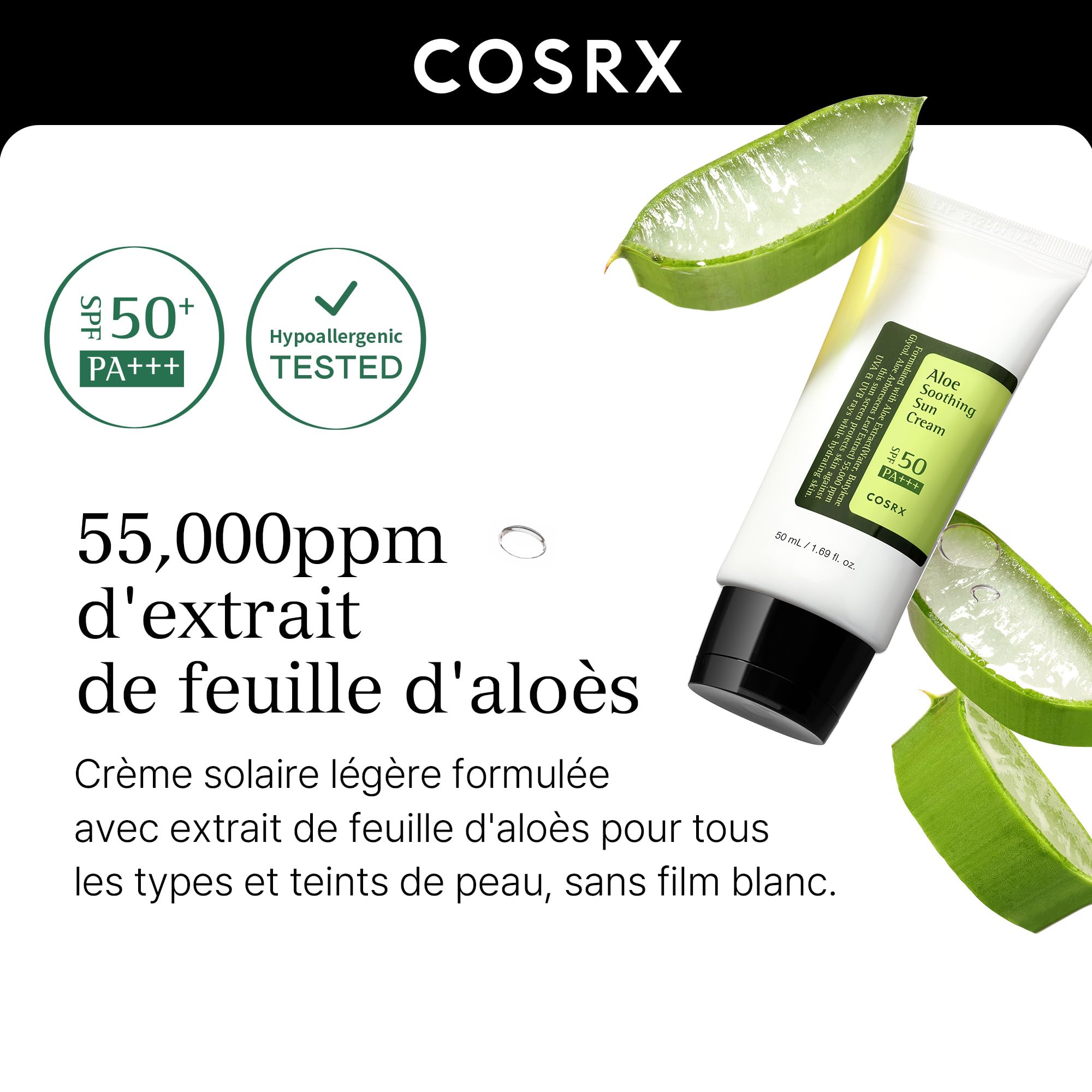 COSRX Aloe Soothing Sun Cream SPF 50+++, Daily Hydrating Sunscreen for Dry Sensitive Skin, UVA&UVB Protection, No White Marks, Sun Moisturiser, Korean Sunscreen, Korean Skincare