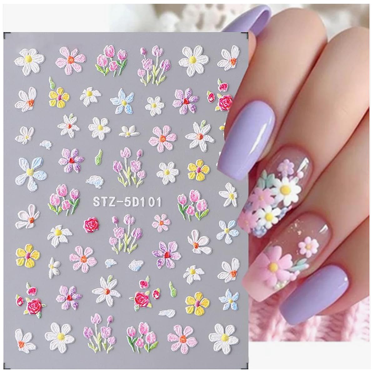 JMEOWIO 3D Embossed Flower Nail Art Stickers Decals Self-Adhesive 5D Spring Summer Floral Nail Supplies Nail Art Design Decoration Accessories 4 Sheets