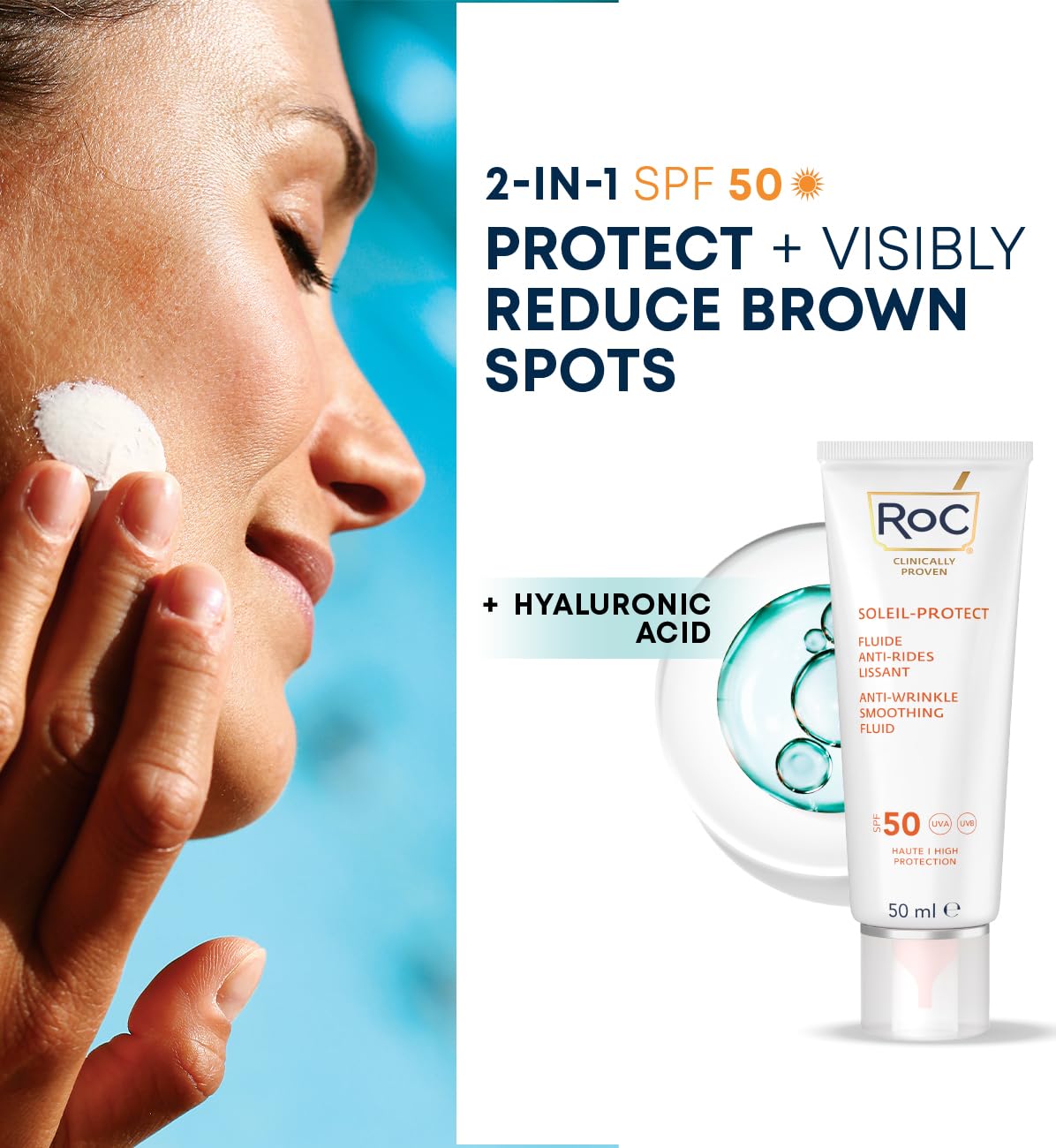 RoC Soleil-Protect Anti-Wrinkle Smoothing Fluid SPF50+ | Moisturiser with Hyaluronic Acid, Sun Cream for Face | 50 ml