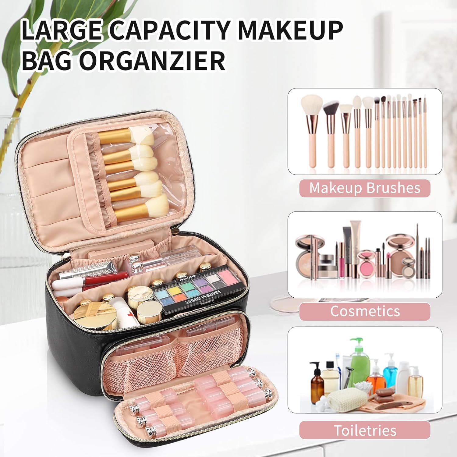 Travel Makeup Bag, Portable Cosmetic Bag with Makeup Brush Organiser Large Capacity Make up Case Water-Resistant Toiletry Bag for Women Travel Essentials, Large