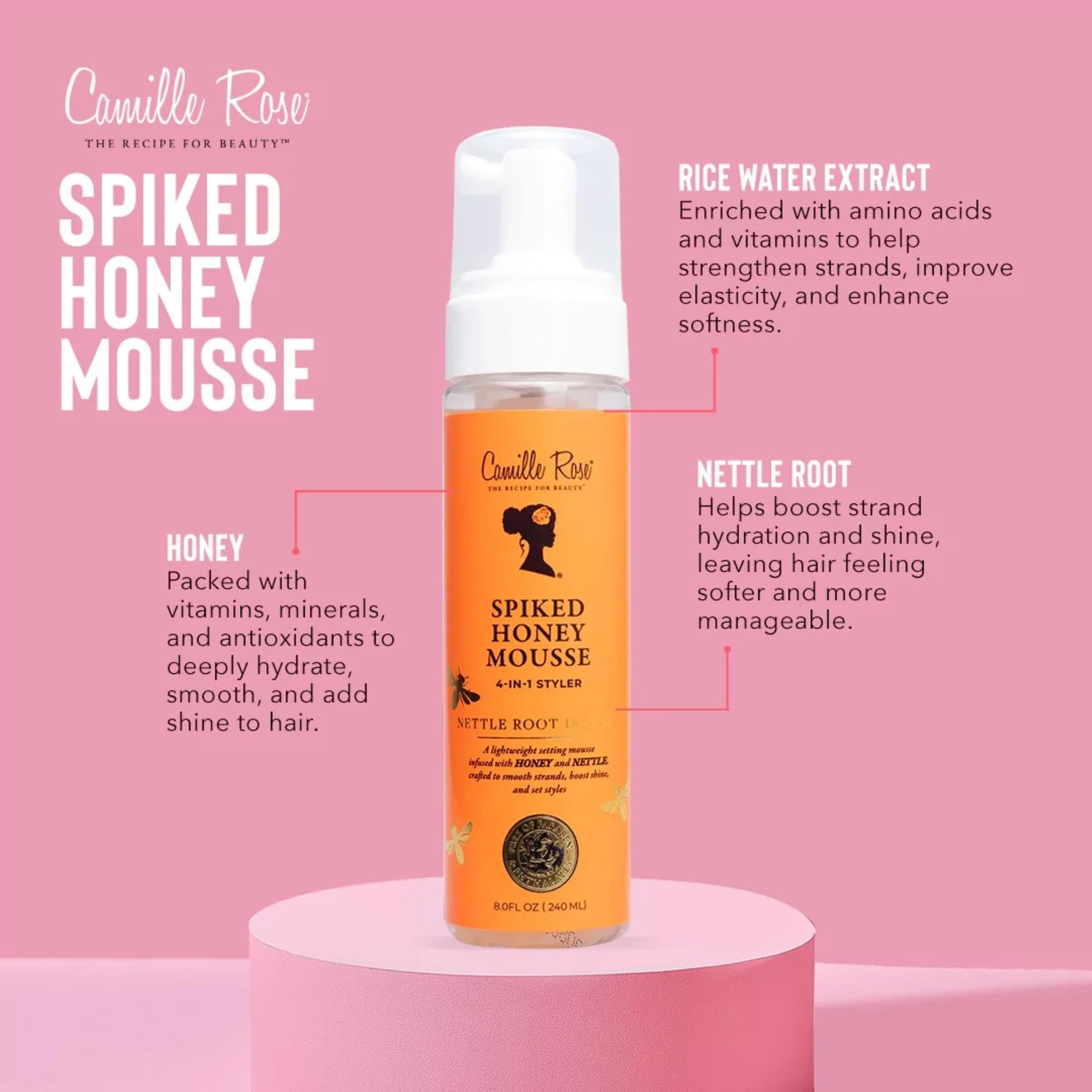 Camille Rose Spiked Honey Mousse 4-in-1 Hair Styler to Define Curls and Hold Styles Into Place while Nourishing and Adding Shine | With Honey and Nettle Root