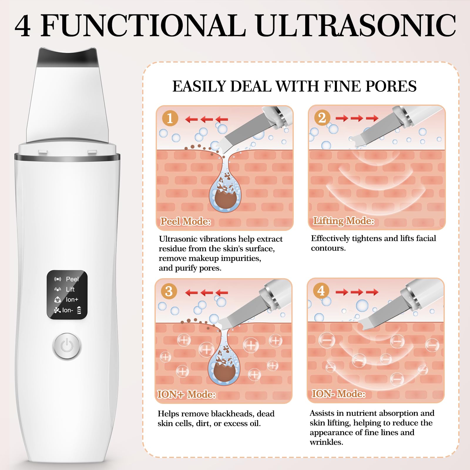 Face Scrubber Ultrasonic Skin Scrubber Blackhead Remover Tool Pore Remover Facial Skin Scrubber Electric for Deep Cleansing 4 Modes Blackhead Remover Rechargeable Include 2 Silicone Covers