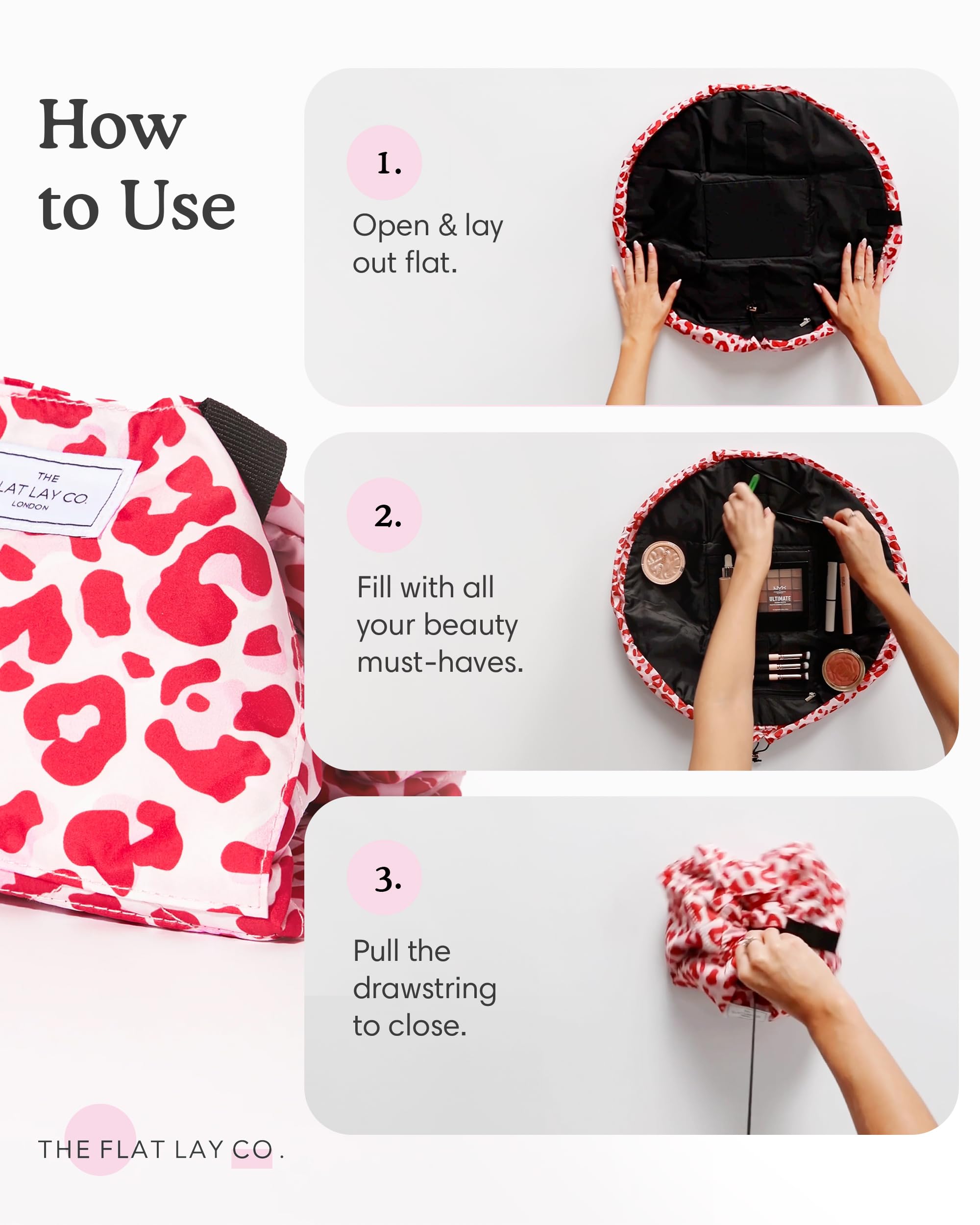 The Flat Lay Co. Makeup Bag - Leopard Travel Drawstring Makeup Bag with Brush Holder & Large Pockets - Cosmetics Organiser Storage for Eyeshadow, Blushes, Lipstick, & Brushes