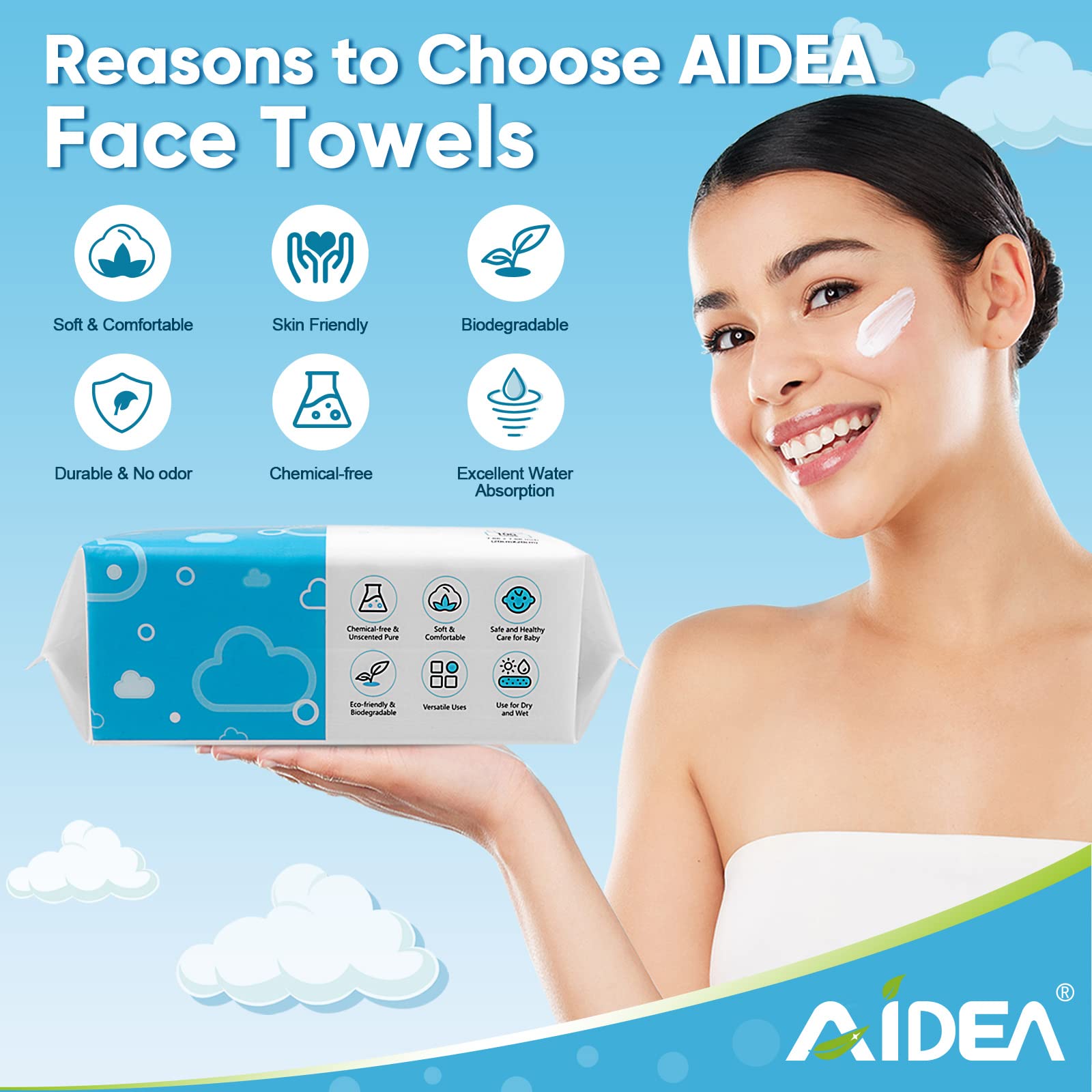 AIDEA Disposable Face Towels-600Ct, Dry Makeup Remover Wipes, Clean Facial Wipes for Sensitive Skin, Facial Cleansing Towels, Makeup Removing, Nursing, Travel, Surface Cleaning, Gifts