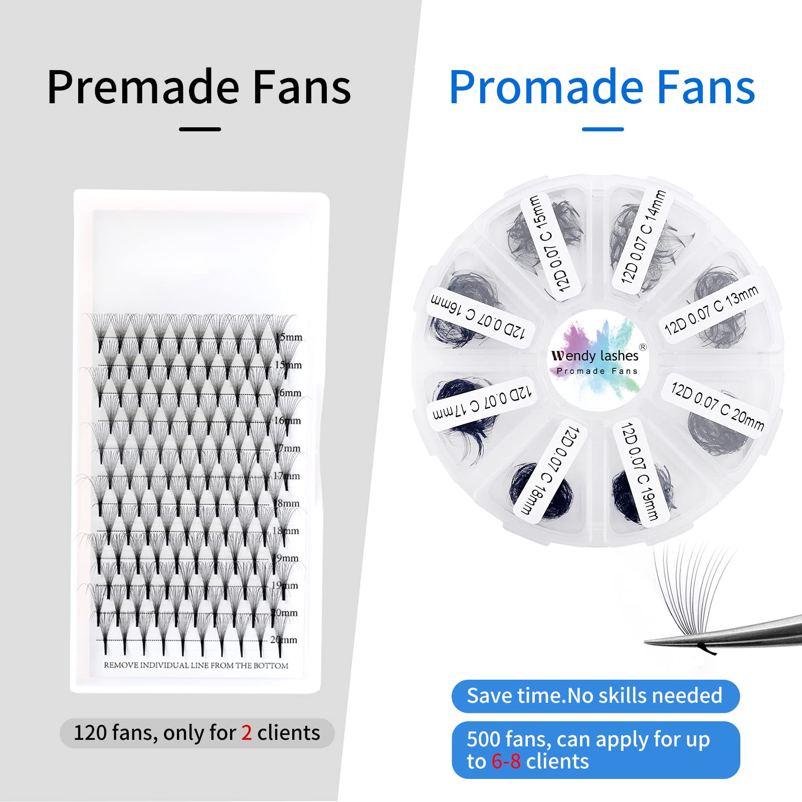 Pre Made Fan Eyelash Extensions 16D 0.07mm D Curl 500 Fans 9-16mm Mixed Tray Premium Premade Fans Volume Russian Lash Extensions Handmade Promade Loose Fans Lash(500-16D-0.07-D-916)