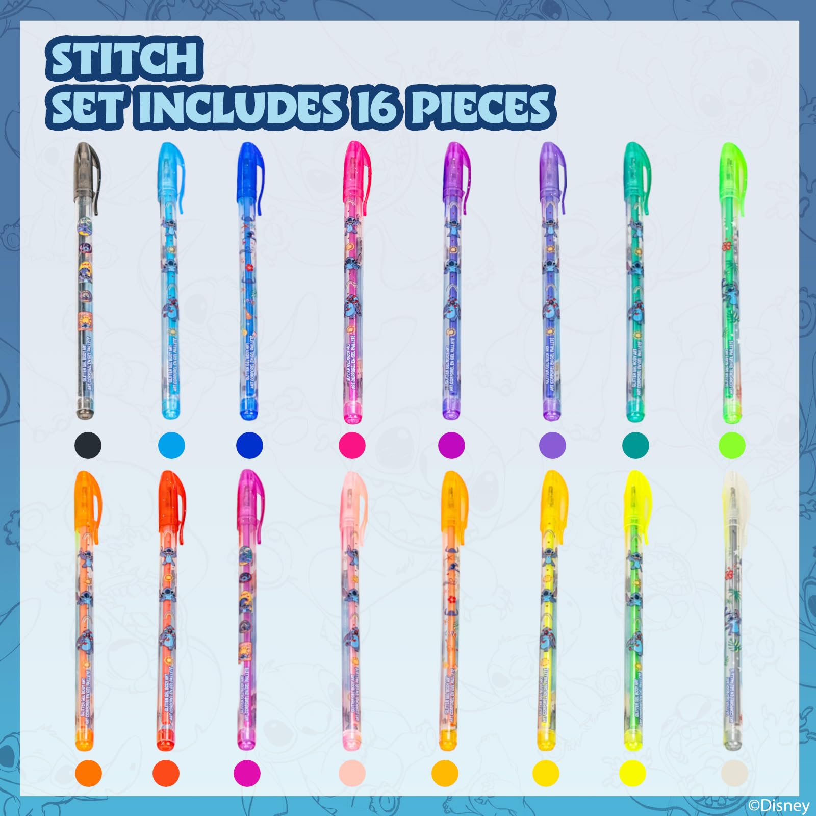 Stitch 16 Piece Glitter Pen Body Art Set, Glittery and Bright Colors, Ages 3+, By Townley Girl