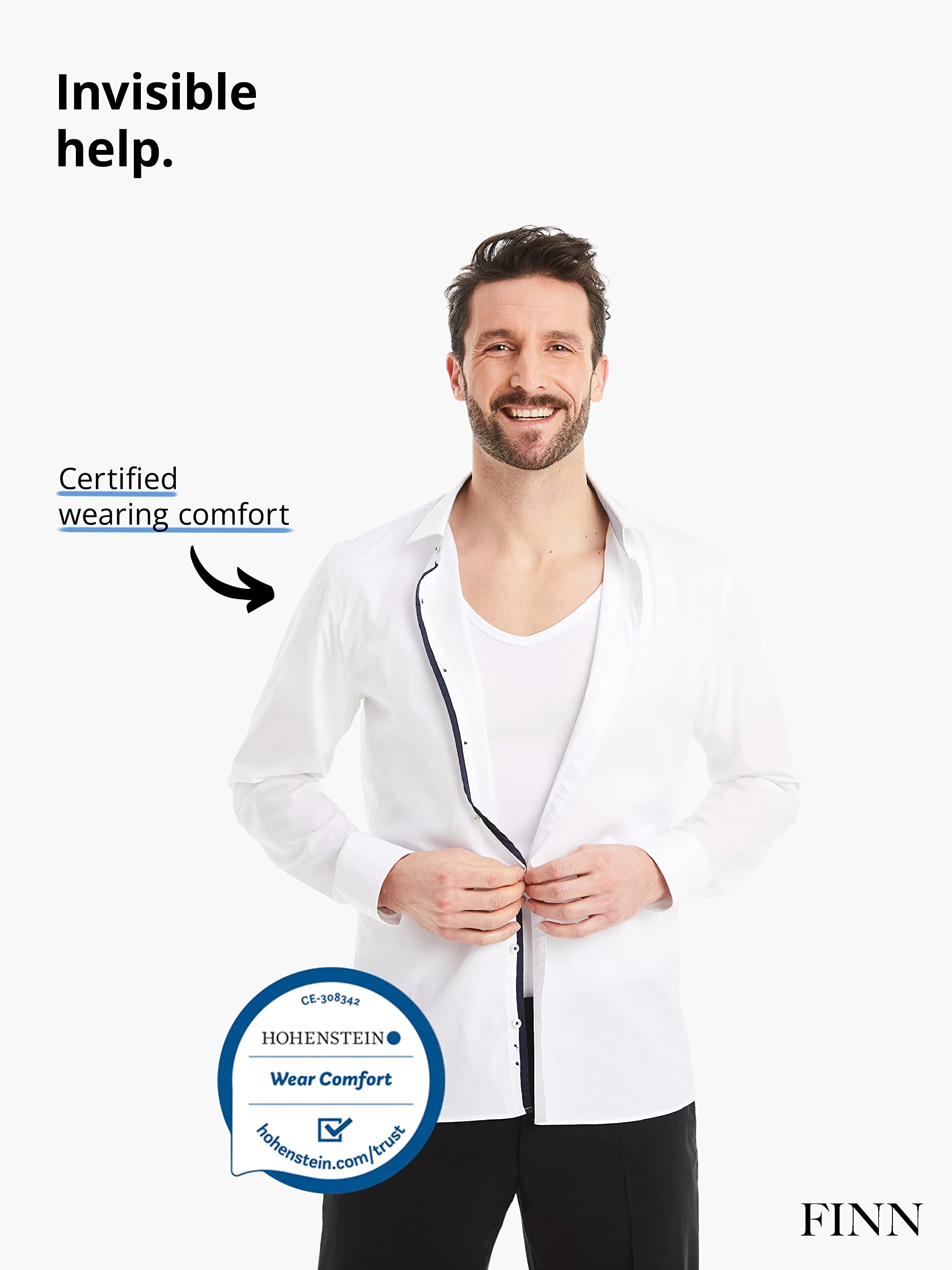 FINN Anti-Sweat Men's Shirt with V-Neck and Built-in Armpit Sweat Pads to Combat Excessive Sweating - Undershirt with Guaranteed Protection Against Sweat Stains and Odour White M