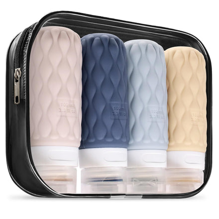 4 Pack Travel Bottles for Toiletries with Labels, 100ML Silicone Travel Bottles Set with Clear Zipper Toiletry Bag, Leakproof Refillable Squeeze Travel Size Containers for Shampoo Conditioner