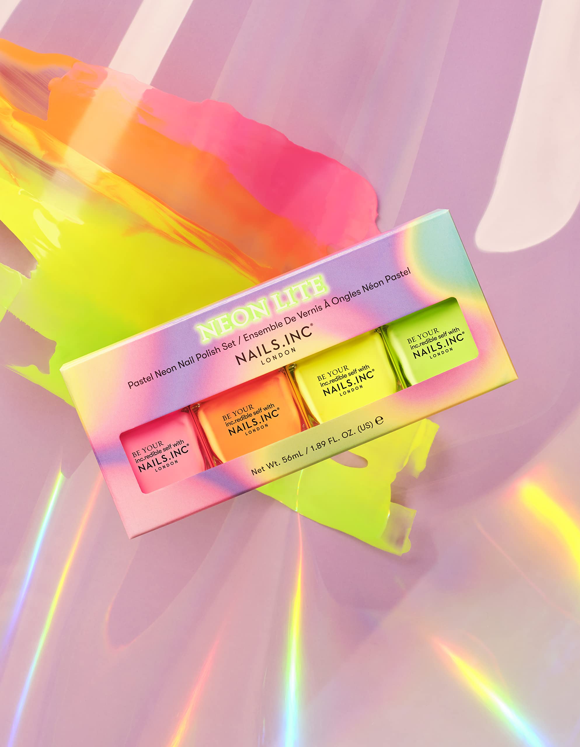 Nails Inc Neon Lite Nail Polish Quad, Neon Glow Enhancing Shades, Fast Drying, Long Lasting, Chip Resistant, Air Dry Manicure,Vegan, Cruelty Free, 4 Piece Set