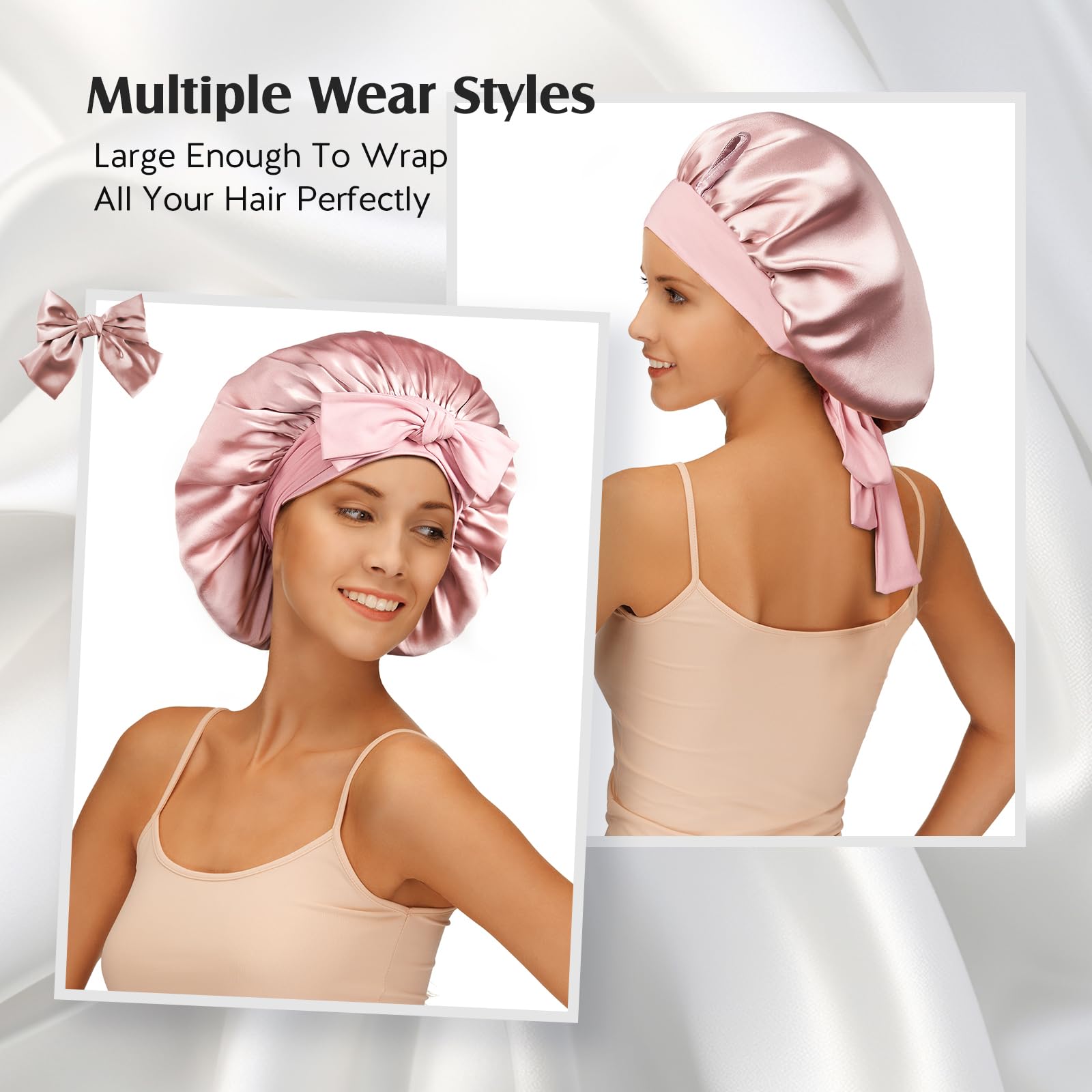 Umisleep 100% 22 Momme Mulberry Silk Bonnet for Sleeping Women, Larger Double Layer Silk Hair Wrap for Curly Short Long Hair, Non-Slip Sleep Cap Turban with Elastic Tie Band for Hair Care, Pink